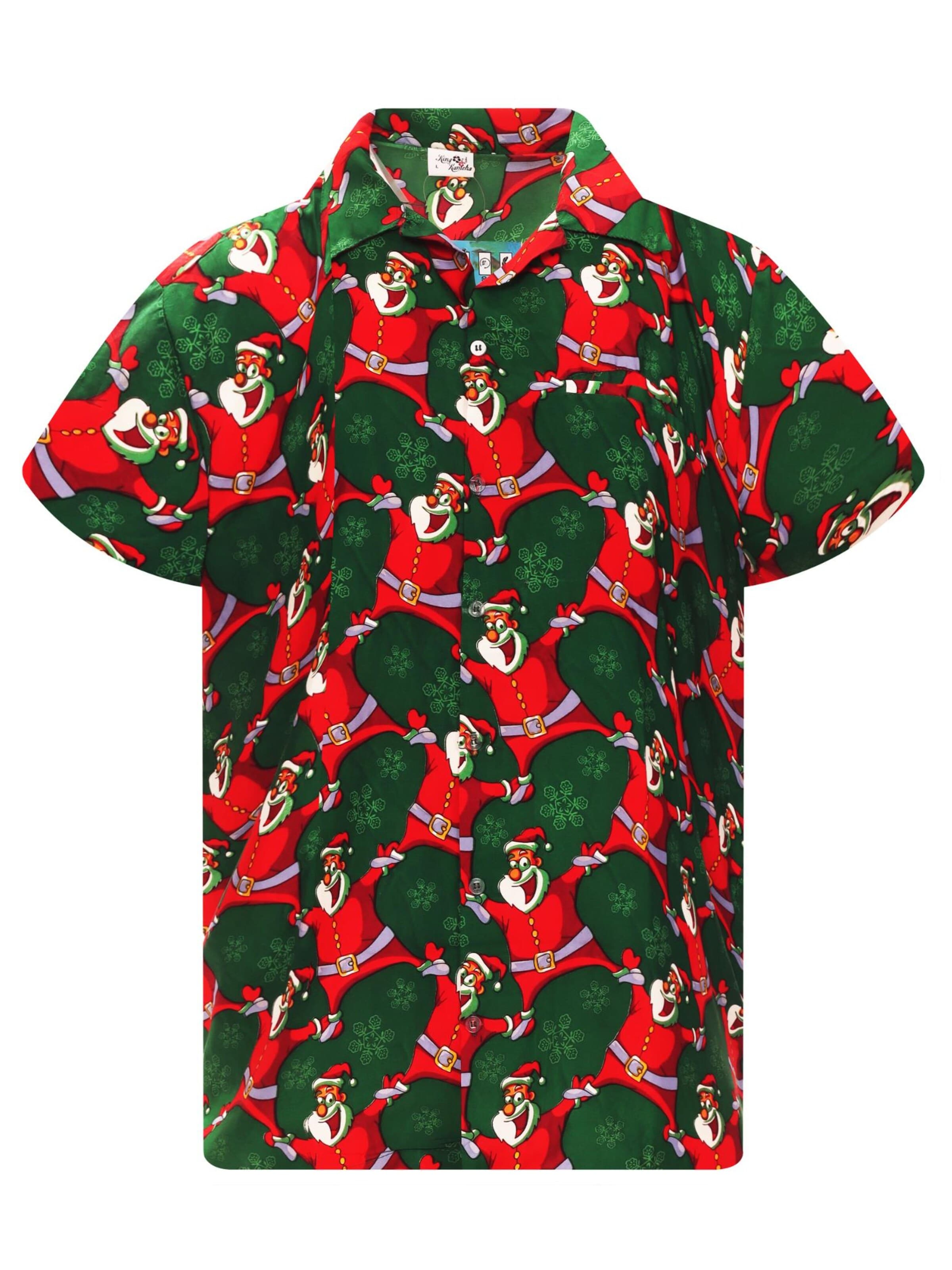 King Kameha Regular fit Overhemd 'Christmas Laughing Santa' in Groen: voorkant