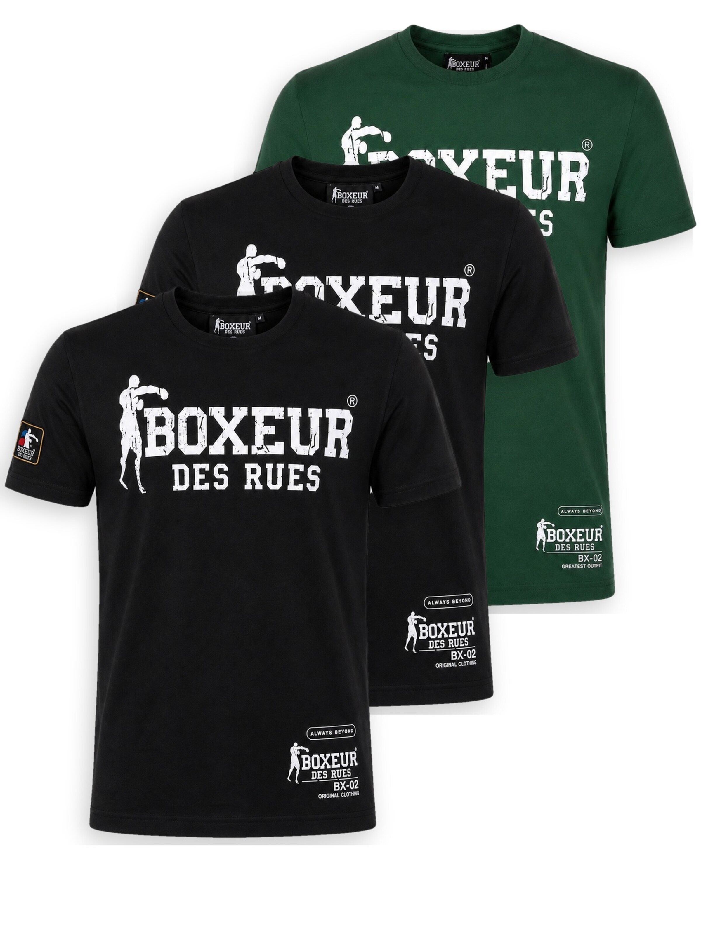 Boxeur des Rues Shirt 'Herren T-Shirt 3er-Pack Boxeur des Rues Slim Fit: 2 x Schwarz, Weißes Logo + Dunkelgrün, Weißes Logo'‌‌‌‌‌‌‌‌‌‌ in M/Regular in mischfarben, Produktansicht