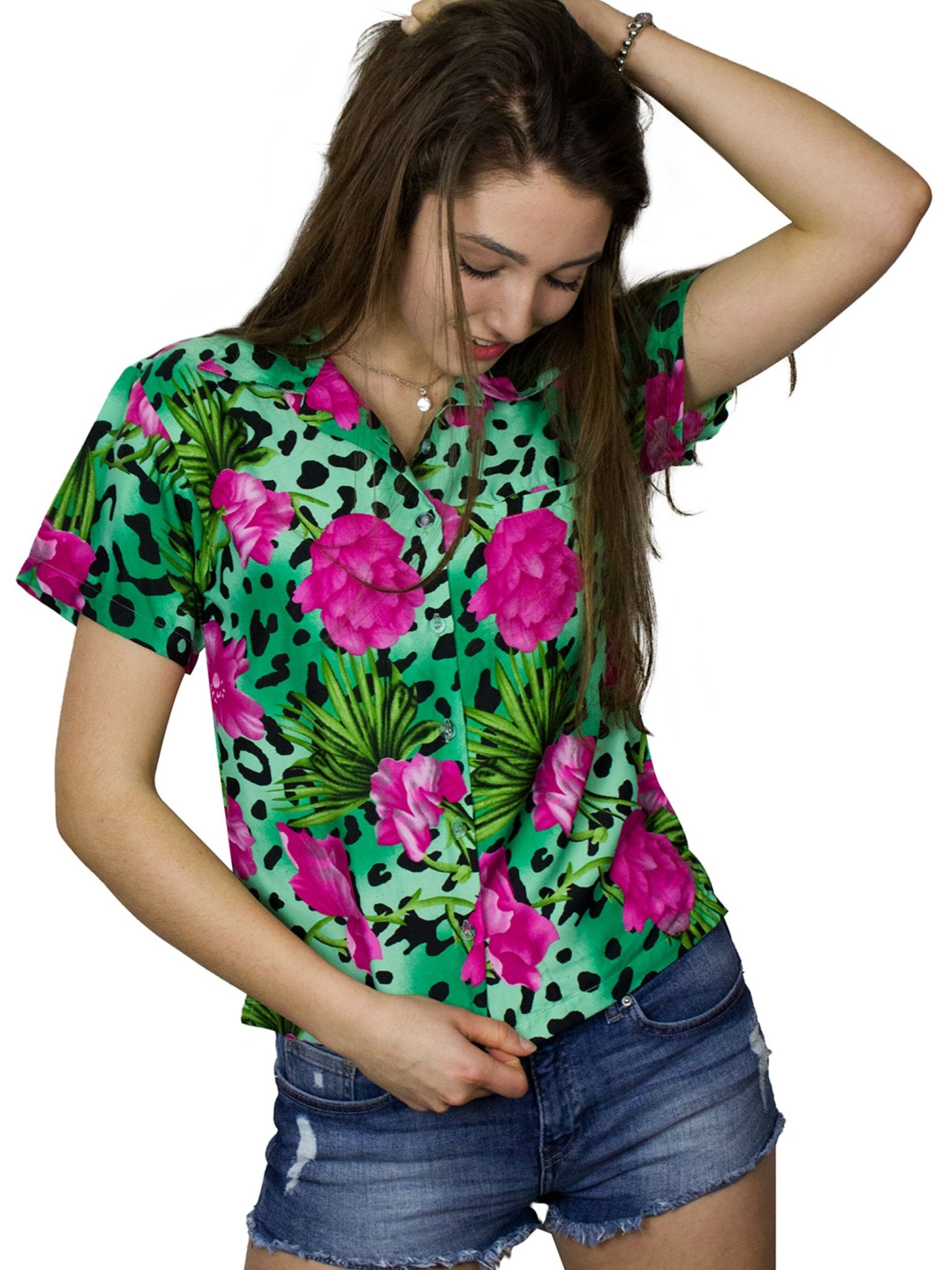 King Kameha Blouse 'Leopard Flowers' in Green