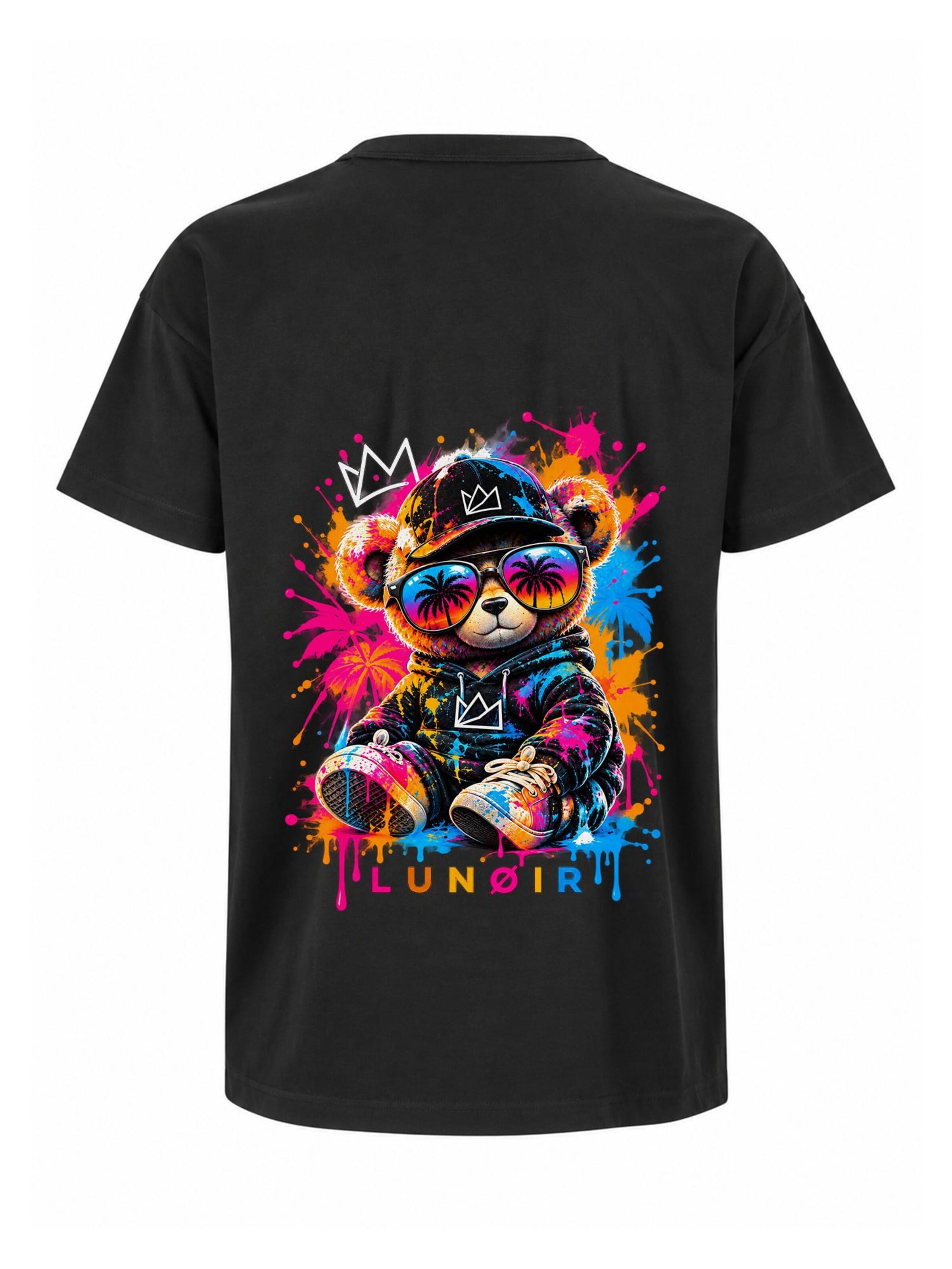 LUNØIR Studio Póló 'Tropical Riot – Sunset Teddy' - fekete: elől