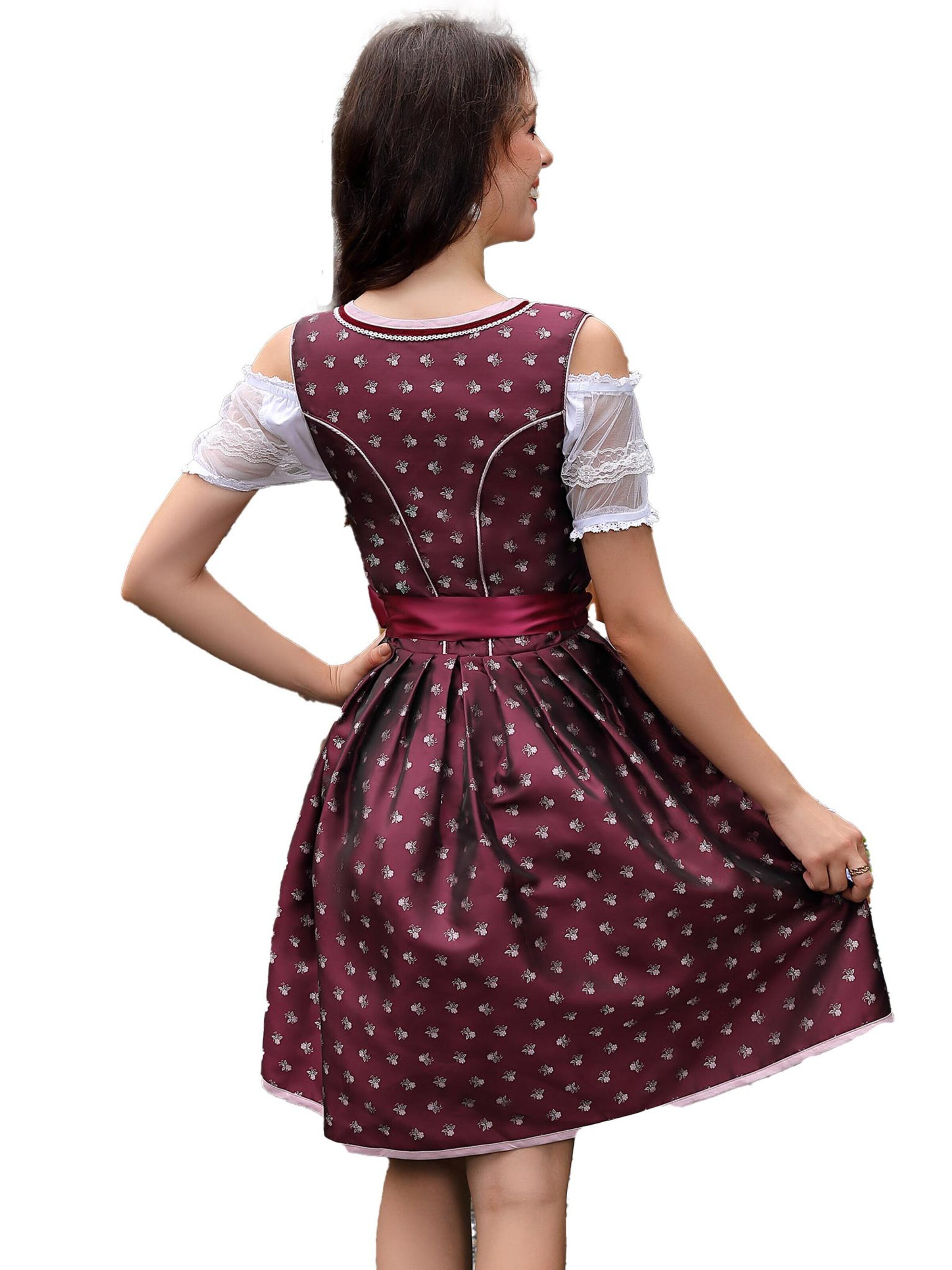 KoJooin Dirndl 'Damen Dirndl 3-teiliges Set,Blumenmuster Jacquard Spitzen Schürze Kleid, Bayerisches Oktoberfest' w kolorze czerwony
