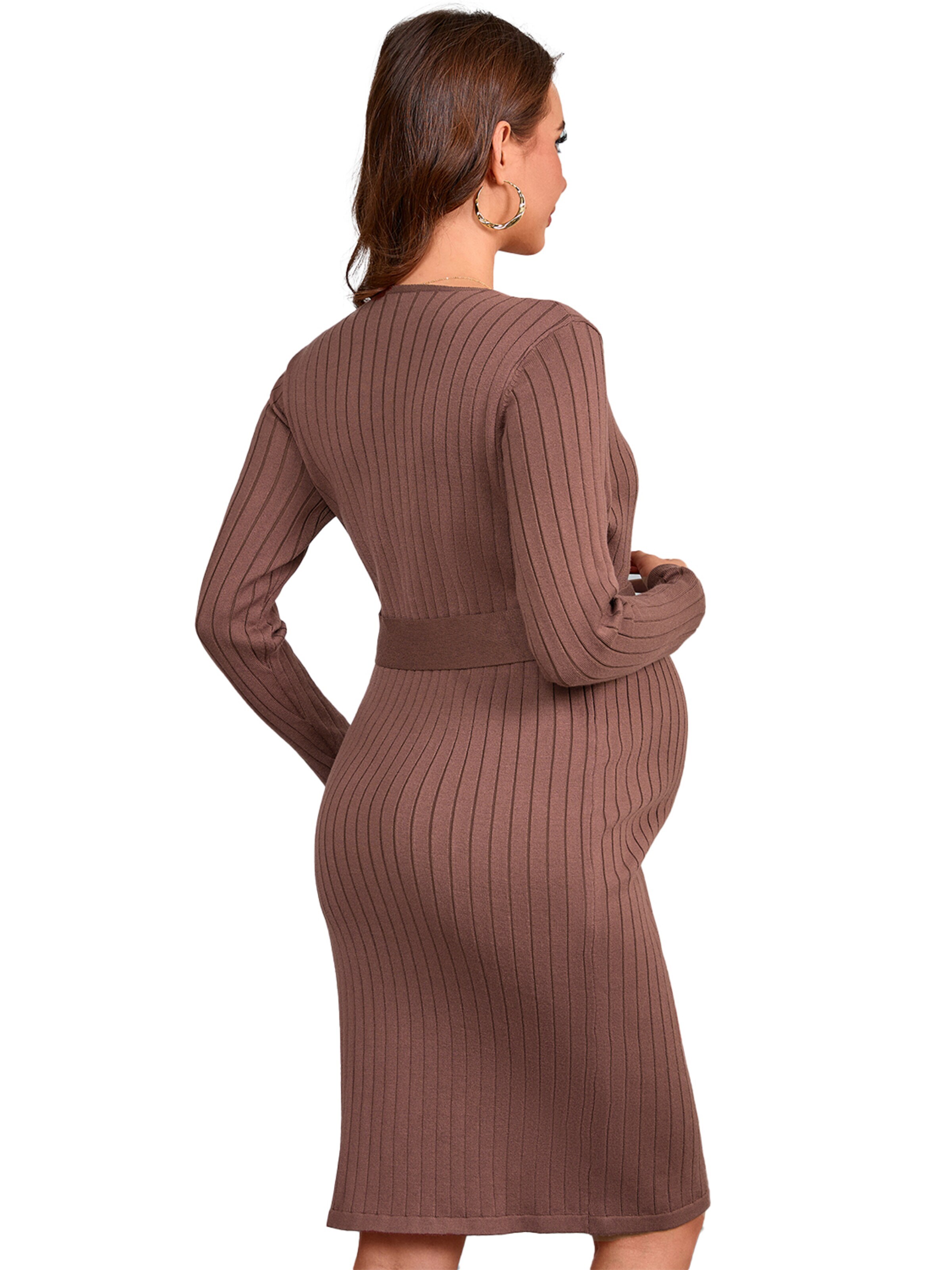 KoJooin Sukienka 'Umstandsstrickkleid mit V-Ausschnitt,Langarm und Taillengürtel – Bequemes Rippstrick-für Schwangere' w kolorze brązowy