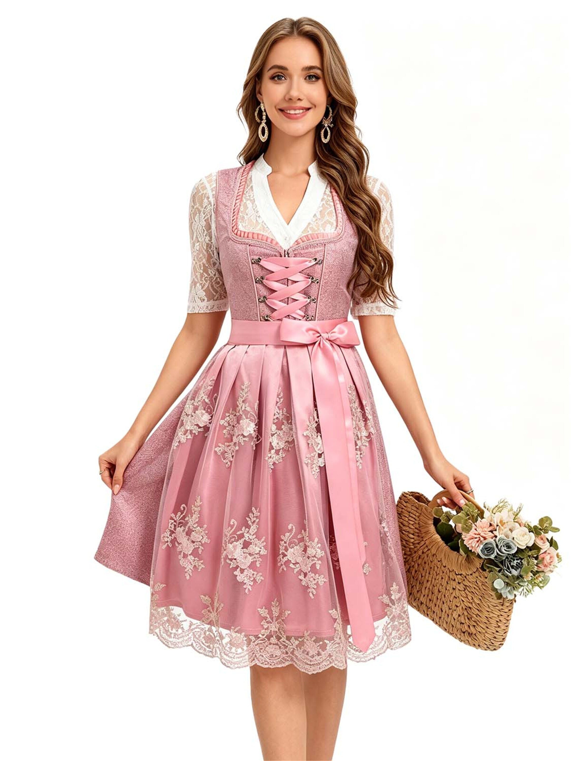 KoJooin Dirndl '3-teiliges Damen Bierfest Oktoberfest Satin-Schürze mit Bindebändern Spitzenbluse mit V Lochmuster' in Pink