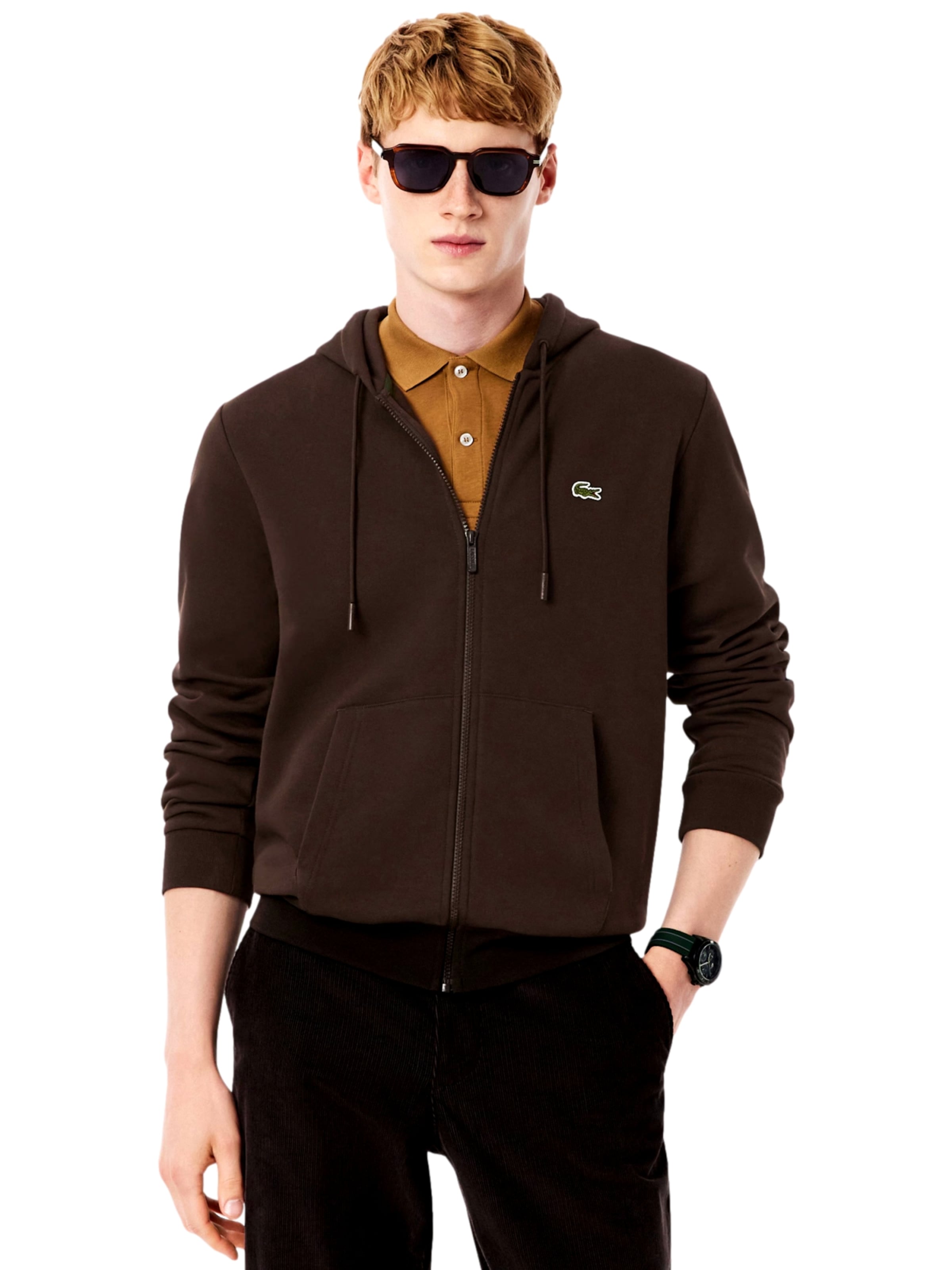 LACOSTE Zip-Up Hoodie in Brown: front