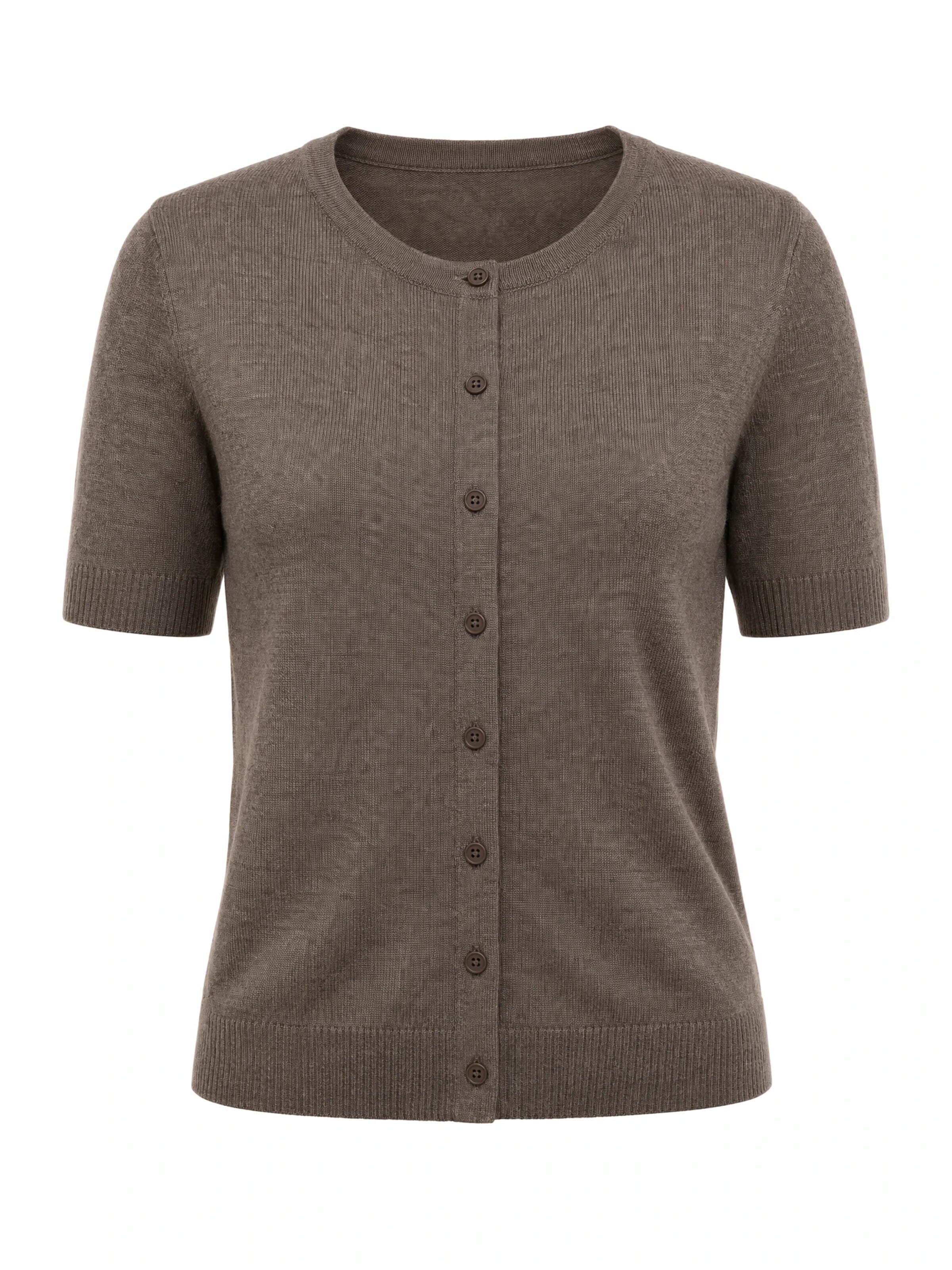 ARACH&CLOZ Knit Cardigan 'Cardigan Damen Sommer Kurzarm-Cardigan mit Rundhals (1-tlg) aus weichem Woll-Mix, mit Knopfverschluss, ideal für Sommer & Büro' in Brown: front