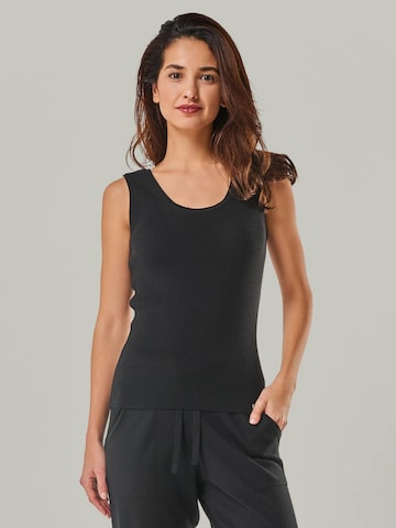 YOU LOOK PERFECT Sticktop 'TOP BLOSSOM - Geripptes Merino Top mit Rundhals' in Schwarz: Vorderseite