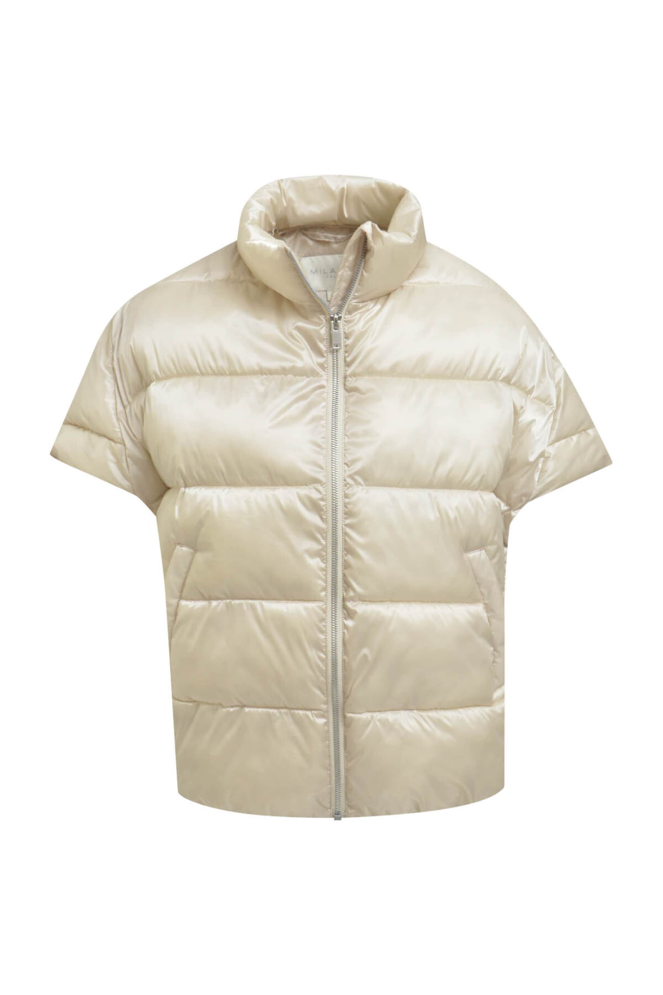 Milano Italy Glänzende Steppweste mit Stehkragen in Weiß: Vorderseite