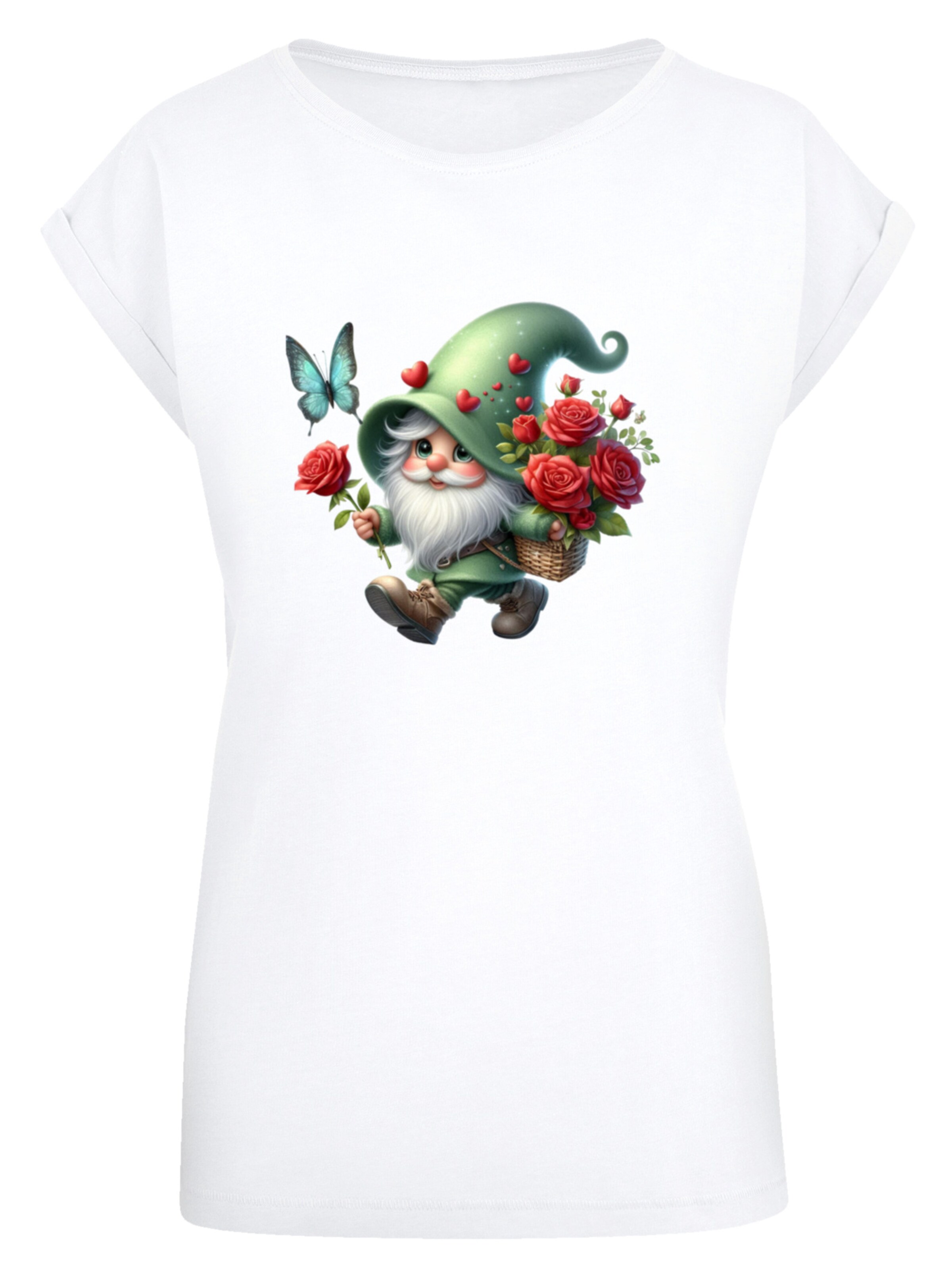 F4NT4STIC Shirt 'Gnom Frühling Blumen Schmetterling' in Wit: voorkant