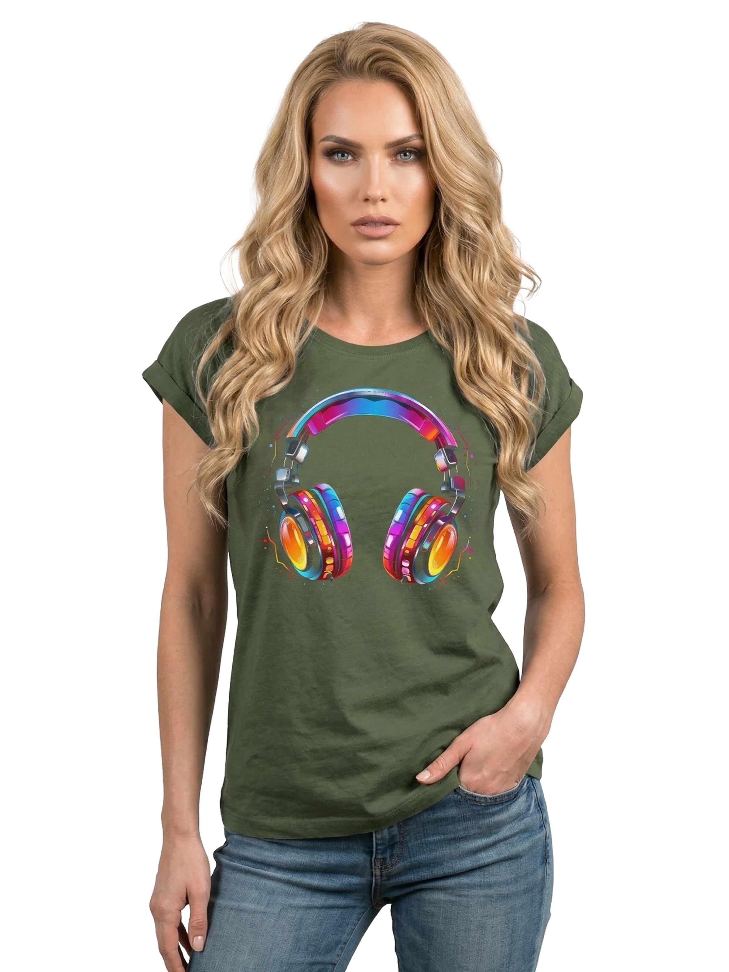 MAKAYA Shirt 'Kopfhörer Bunt' in Green: front