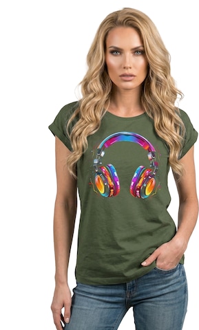 MAKAYA Shirt 'Kopfhörer Bunt' in Green: front