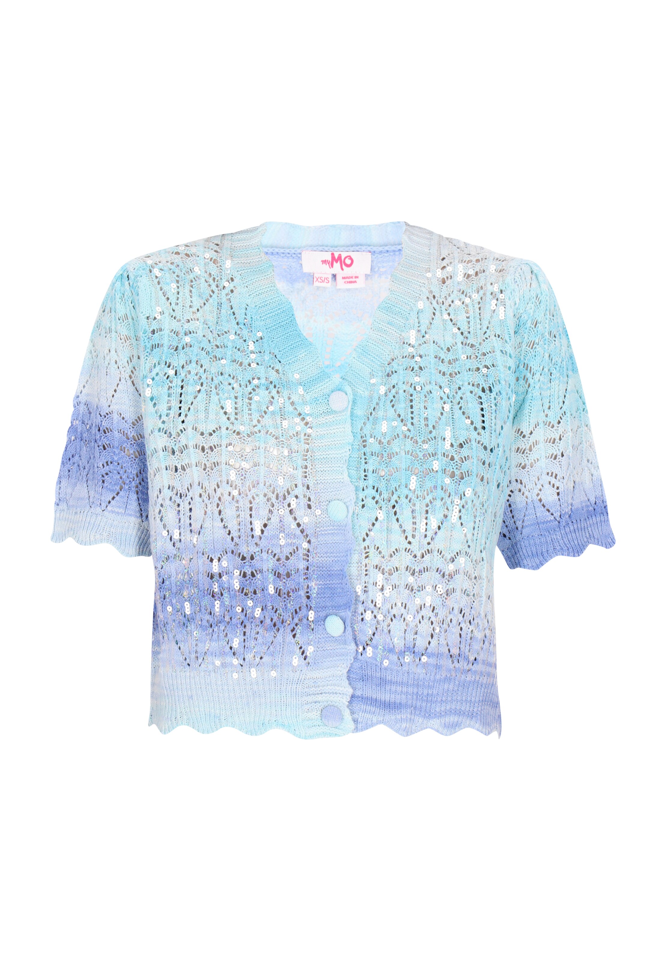 Geacă tricotată de la MYMO pe albastru: față