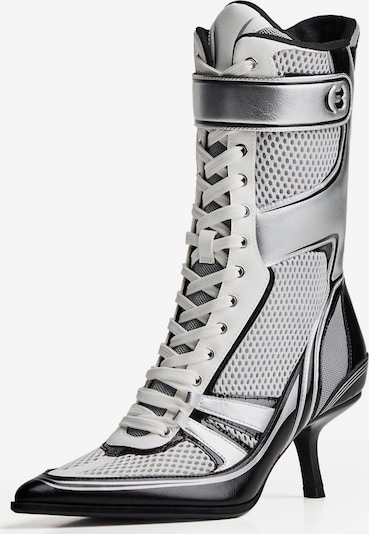 Bershka Schnürstiefelette in schwarz / silber / weiß, Produktansicht