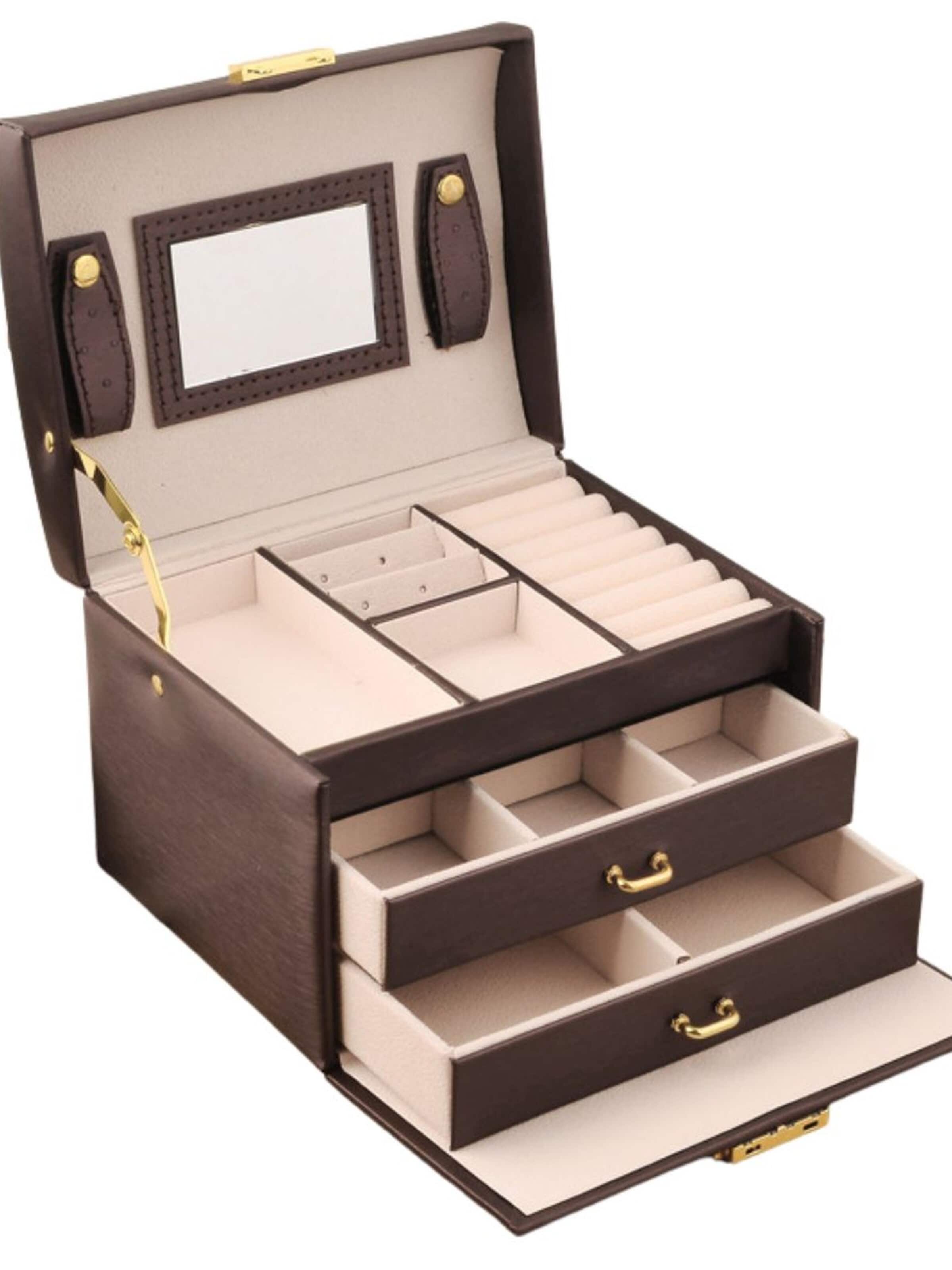 UNIQ Beauty Sieraden-bewaring 'Jewellery Box – 3-Layer Organizer with Mirror, Drawers & Lock (Brown)' in Bruin: voorkant