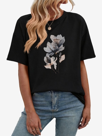 GORHEY Shirt 'Women's Summer Short-Sleeve Shirt with Flowers Print Tees' in Zwart: voorkant