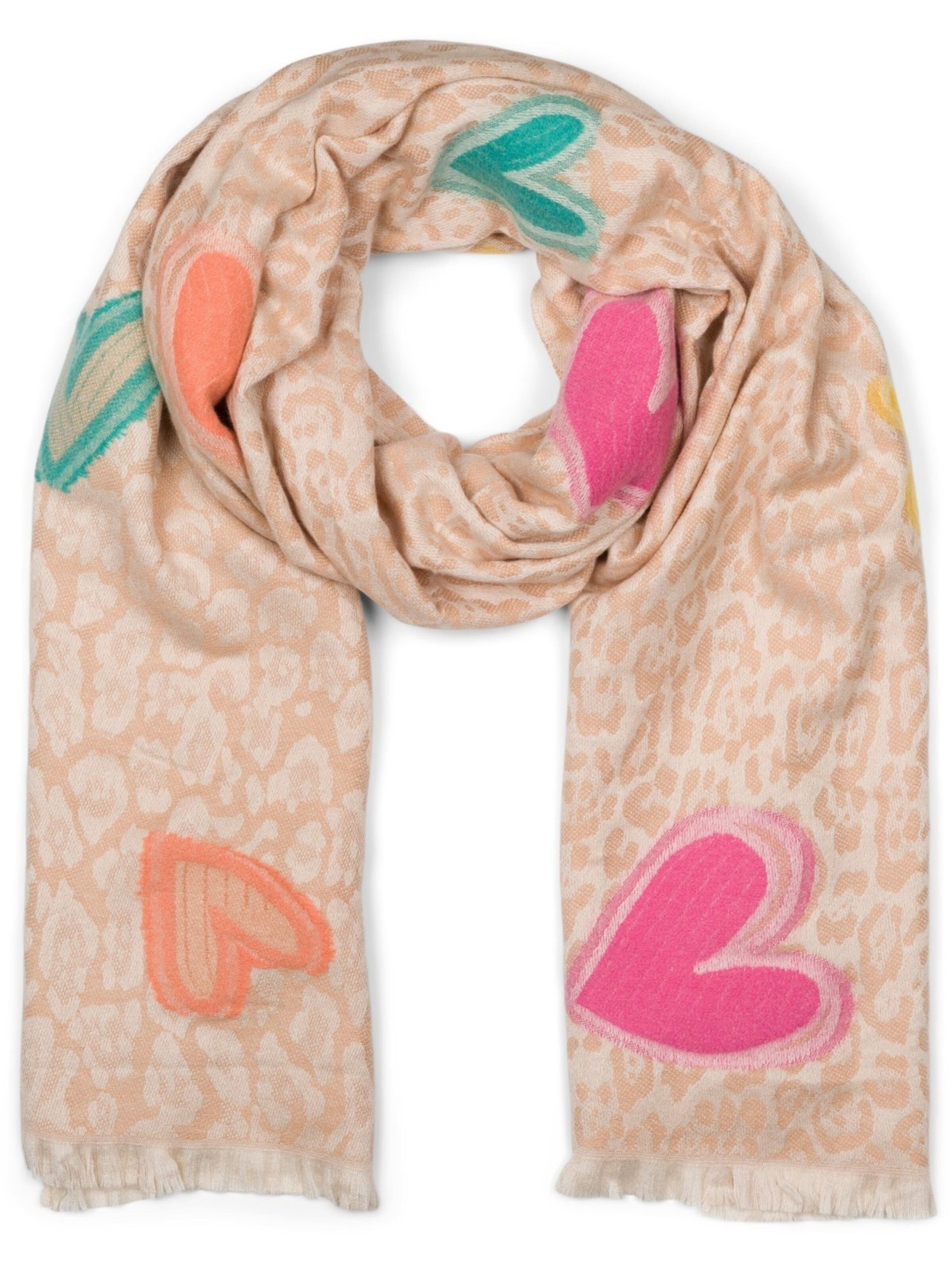 styleBREAKER Schal 'Schal mit Leoparden Herz Muster'‌‌‌‌ in Beige: Vorderseite