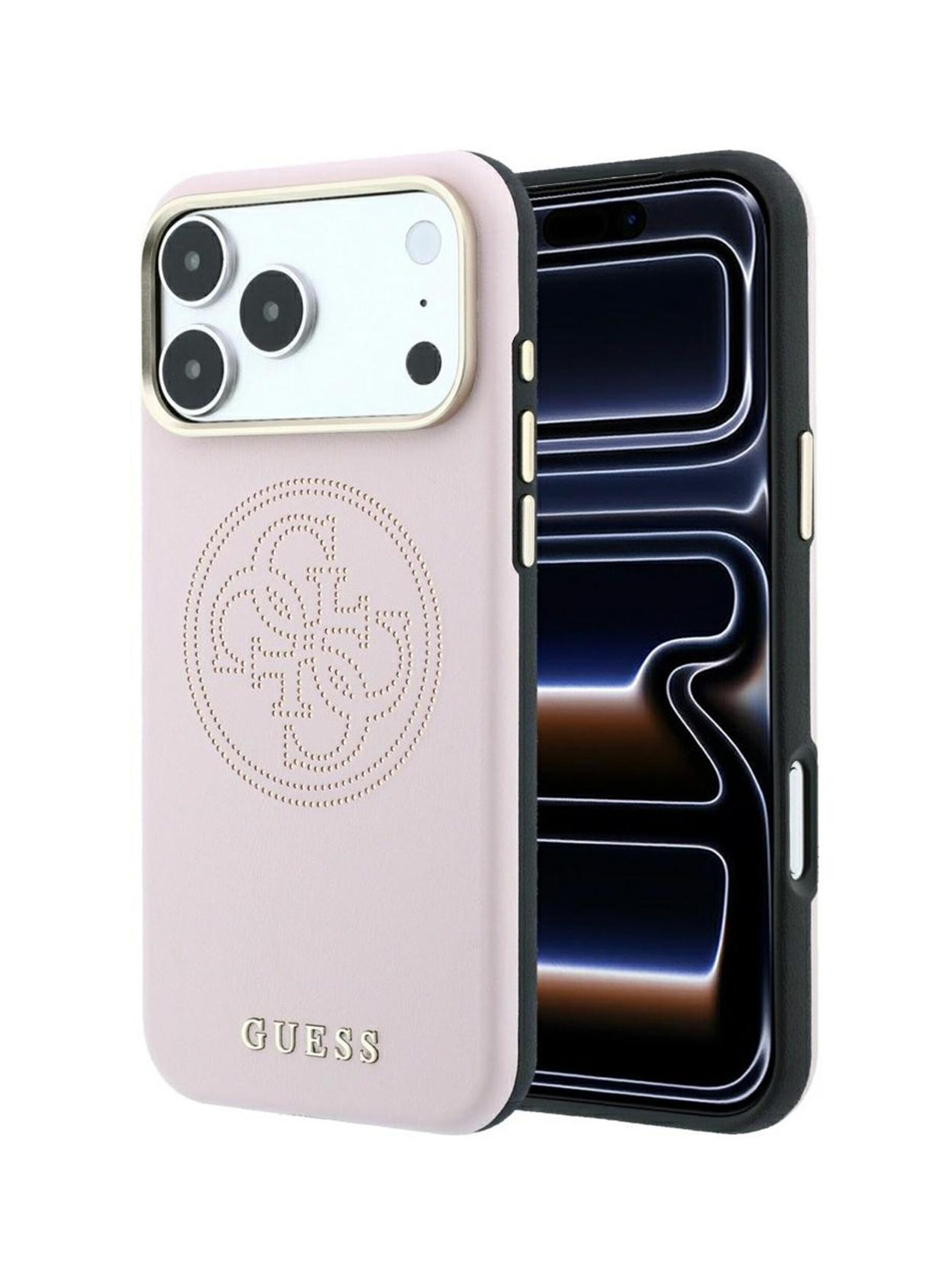 GUESS Smartphonehoesje 'Guess Perforated 4G Gold Logo Magsafe case for iPhone 18 Pro Max / 17 Pro Max' in Roze: voorkant