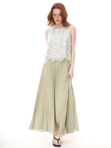 yoligex Top 'Mint Green Geometric Floral Beaded Sequin Mesh Sleeveless Top, Round Neck Irregular Pointed Hem Sheer Vest' w kolorze zielony