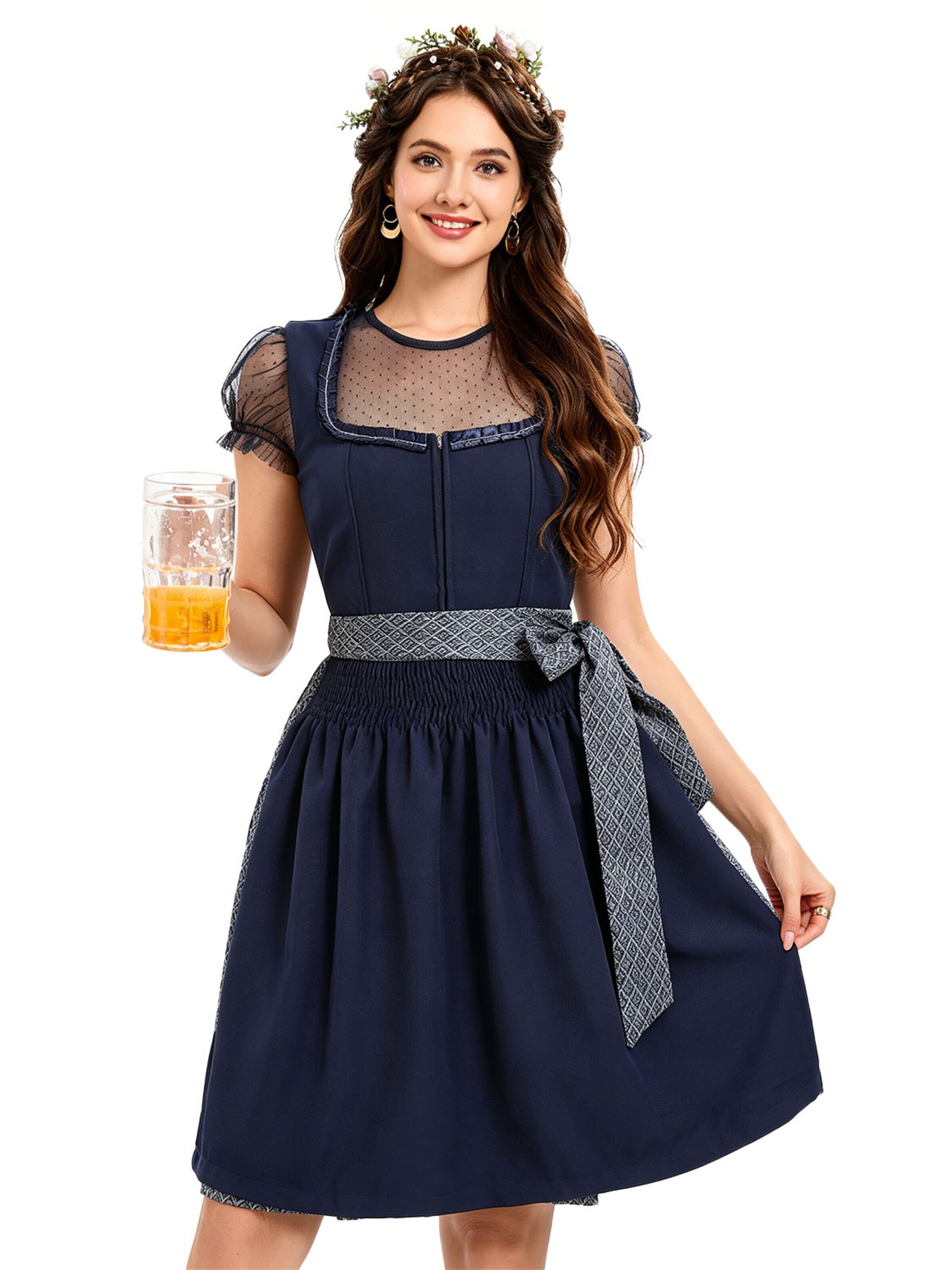 KoJooin Dirndl 'Damen Polka‑Dot Bluse, quadratischer Ausschnitt – 3‑teiliges Dirndl‑Set für Oktoberfest' in Blue