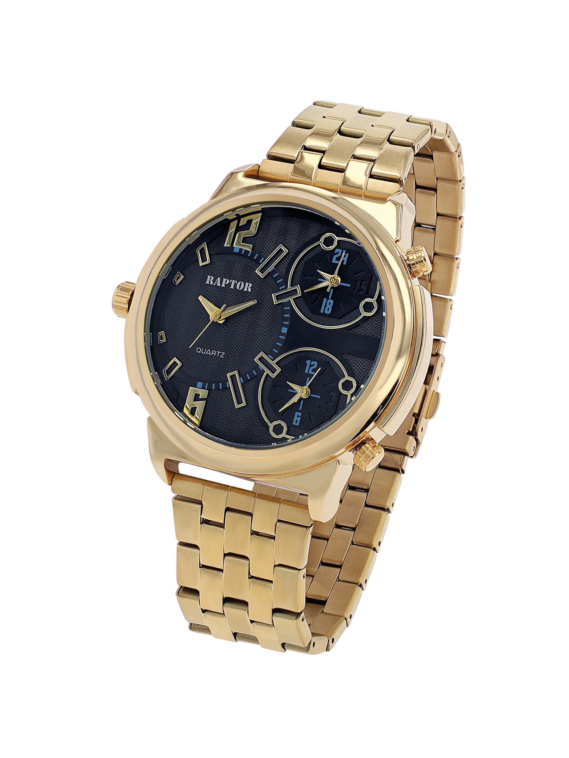 Raptor Analog Watch 'mit Edelstahlband, 3 Zeitzonen, Mineralglas' in Gold: front