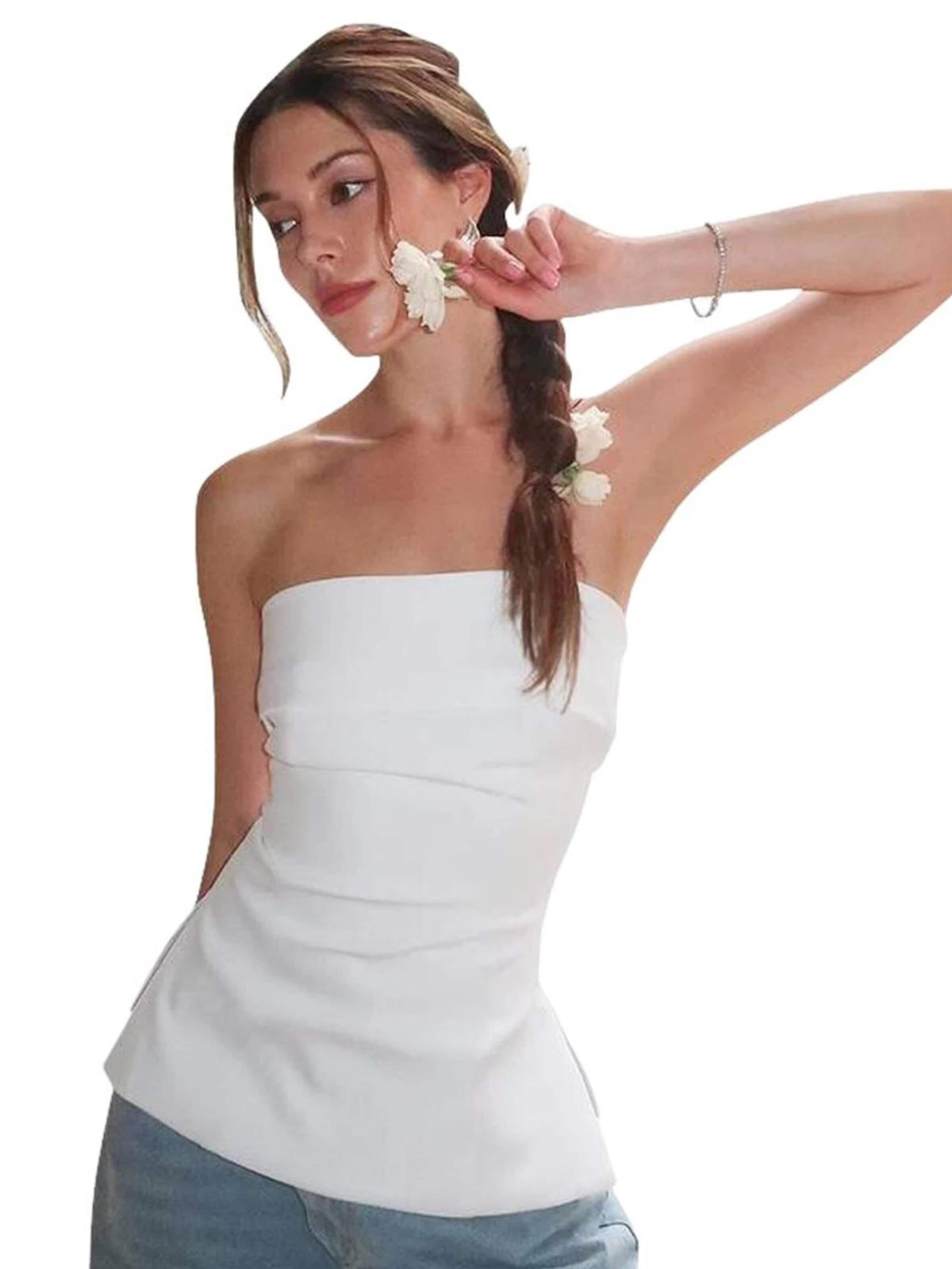 KoJooin Top 'Damen figurbetontes Sommer-Corsagen-Top in Uni,ärmellos mit Rücken,Bustier-Oberteil für Sommer' w kolorze biały