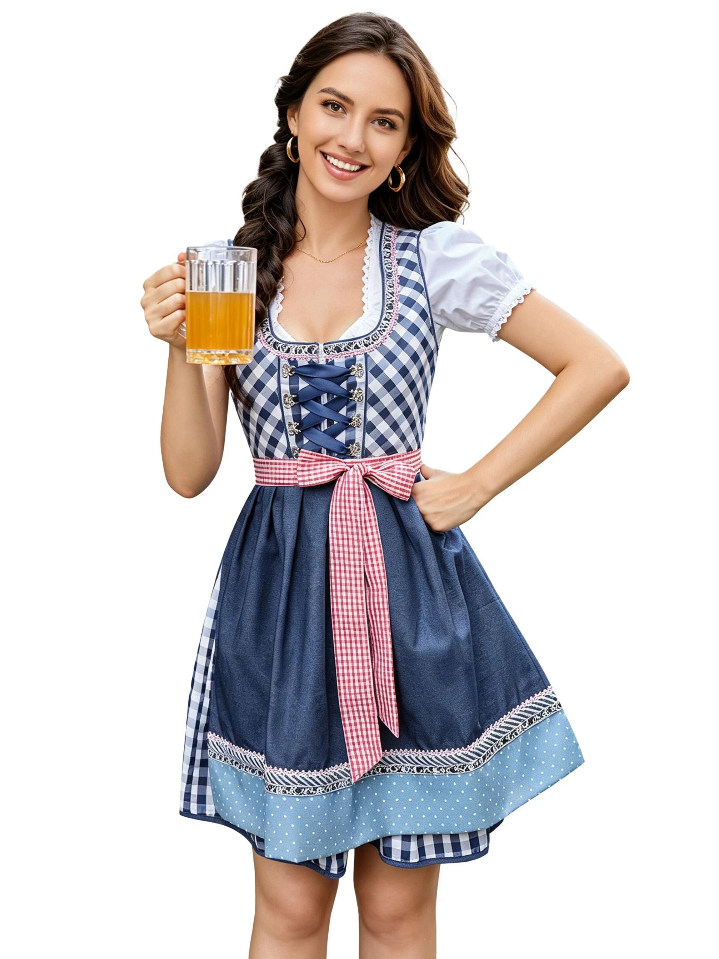 KoJooin Dirndl 'Damen 3-teiliges Fest-Set blauem Jeans-Patchwork-Karo-Rock, passend für Oktoberfest,Halloween' w kolorze niebieski