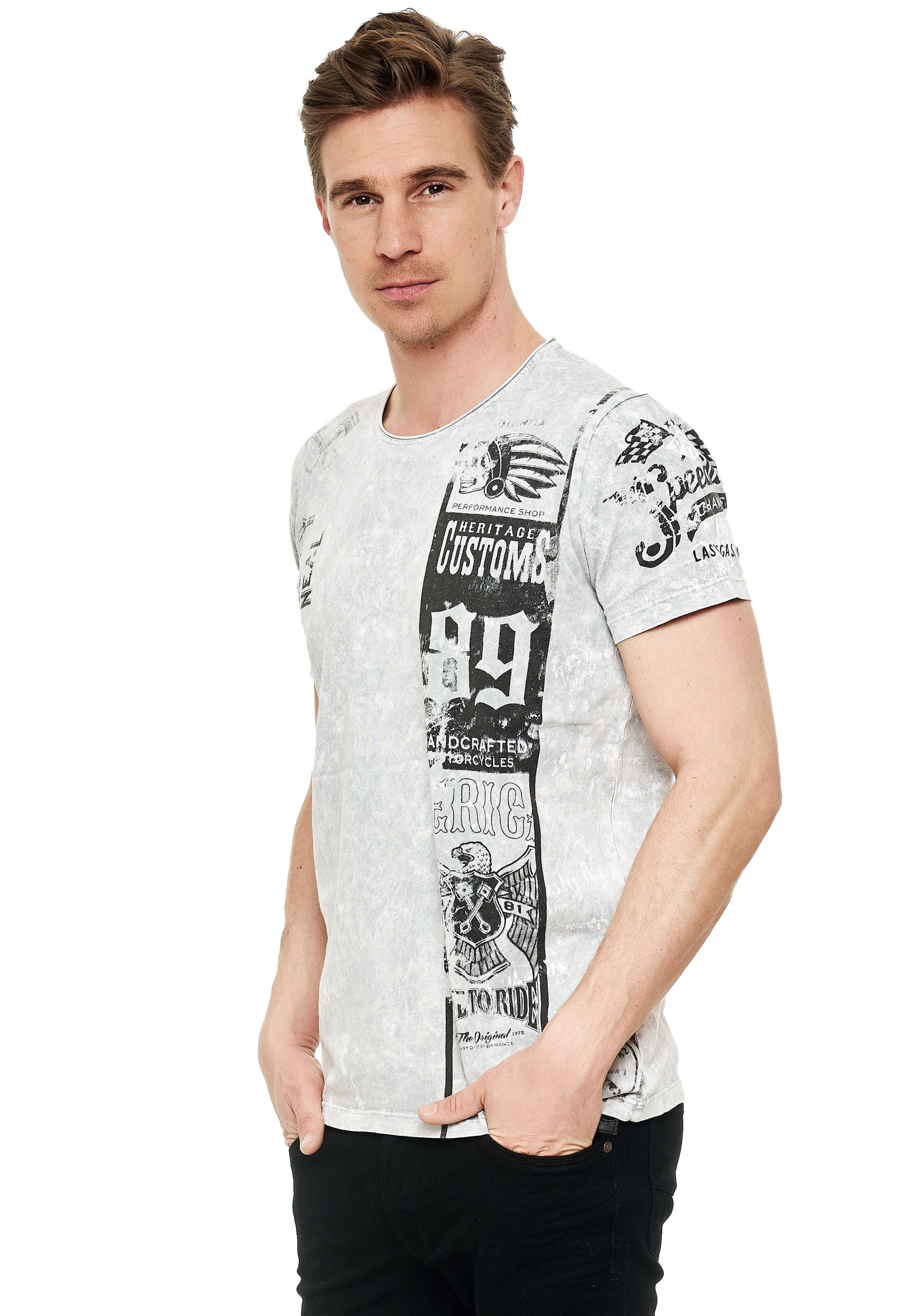 Rusty Neal T-Shirt mit modernem Front & Back Print in Grau: Vorderseite
