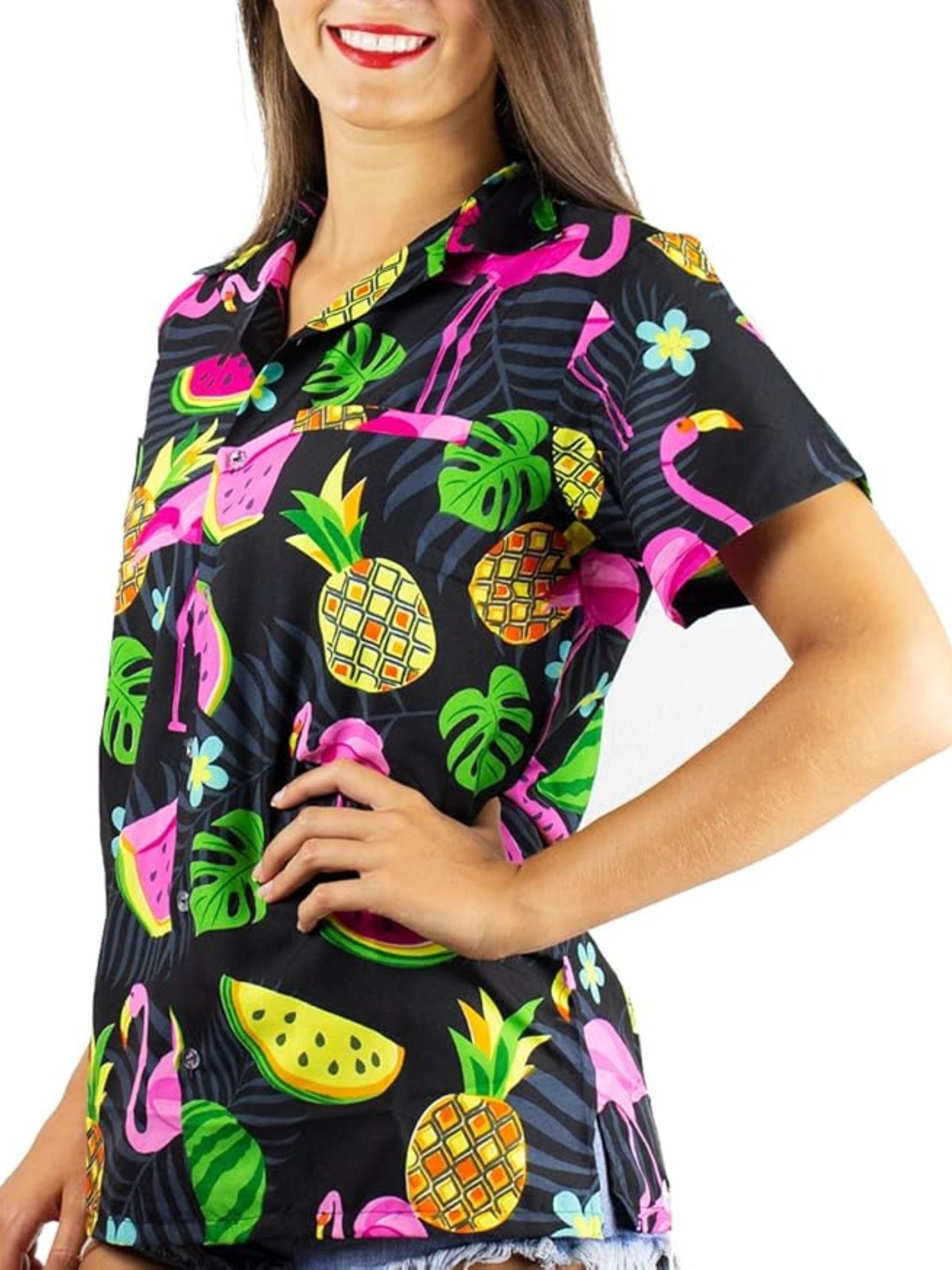 King Kameha Bluse 'Flamingo Melone'‌ in Schwarz