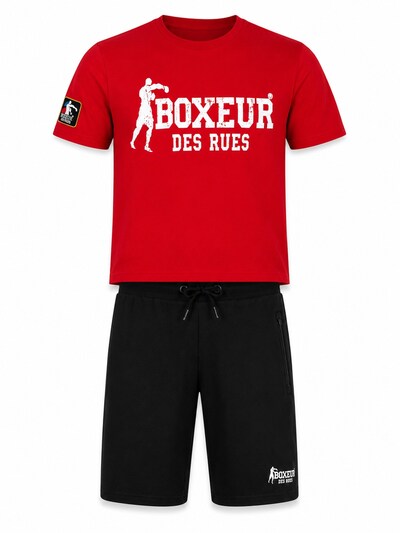 Boxeur des Rues Leisure suit 'Herren Set Boxeur des Rues: Baumwollshorts Schwarz + Slim-Fit T-Shirt Rot, Weißes Logo' in XS/Regular in Red, Item view