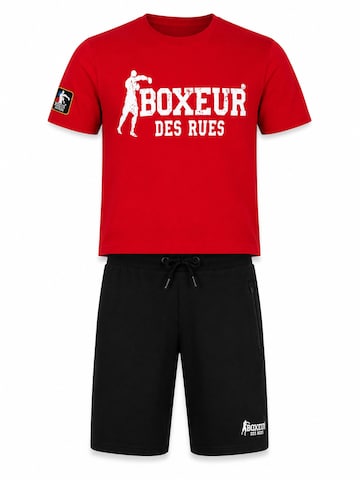 Boxeur des Rues - Traje para estar en casa 'Herren Set Boxeur des Rues: Baumwollshorts Schwarz + Slim-Fit T-Shirt Rot, Weißes Logo' en rojo: frente