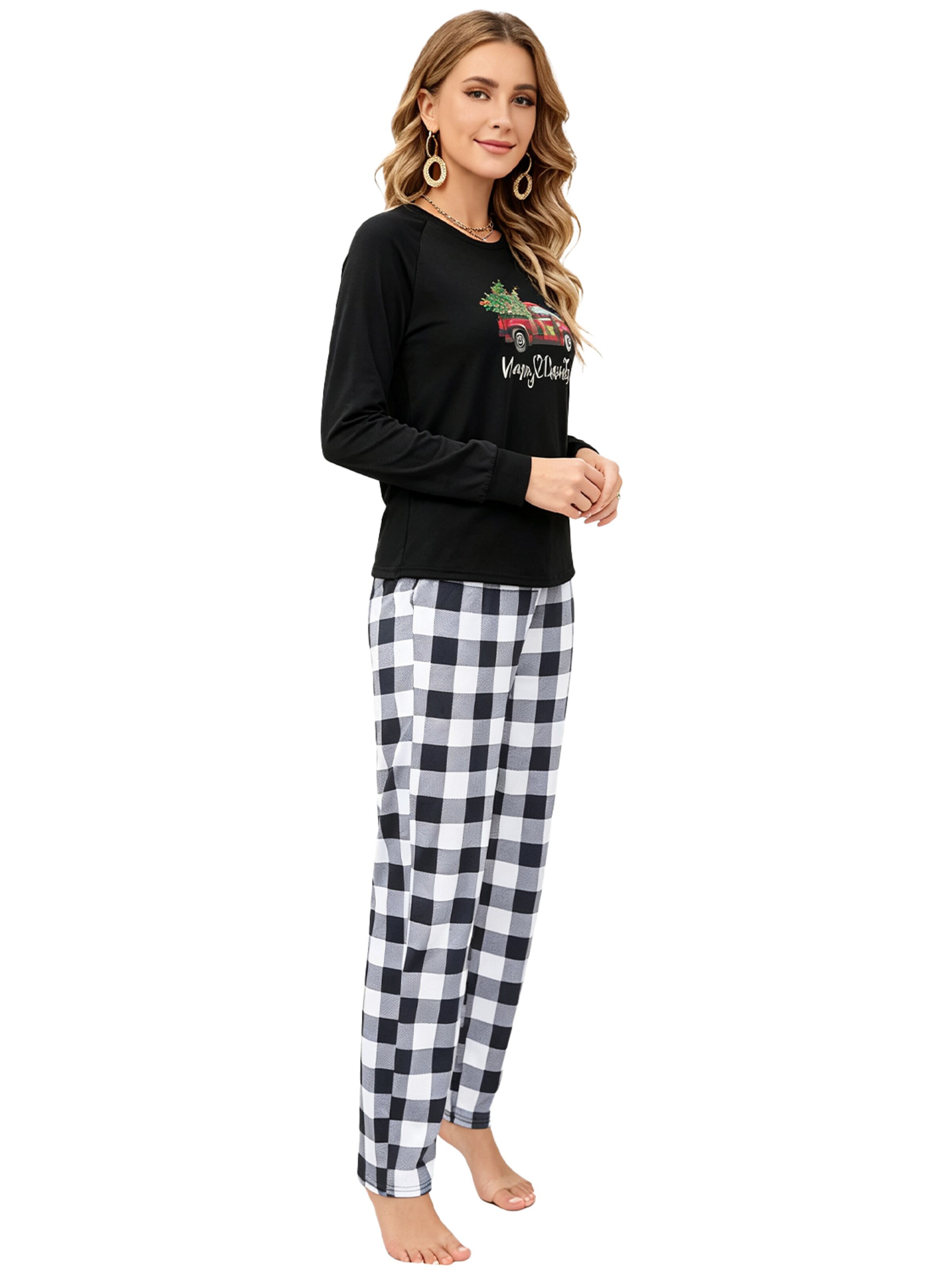 KoJooin Piżama 'Damen Weihnachts-Pyjama-Set im Karomuster Klassische,Langärmelige Loungewear zum Familien-Matching' w kolorze czarny