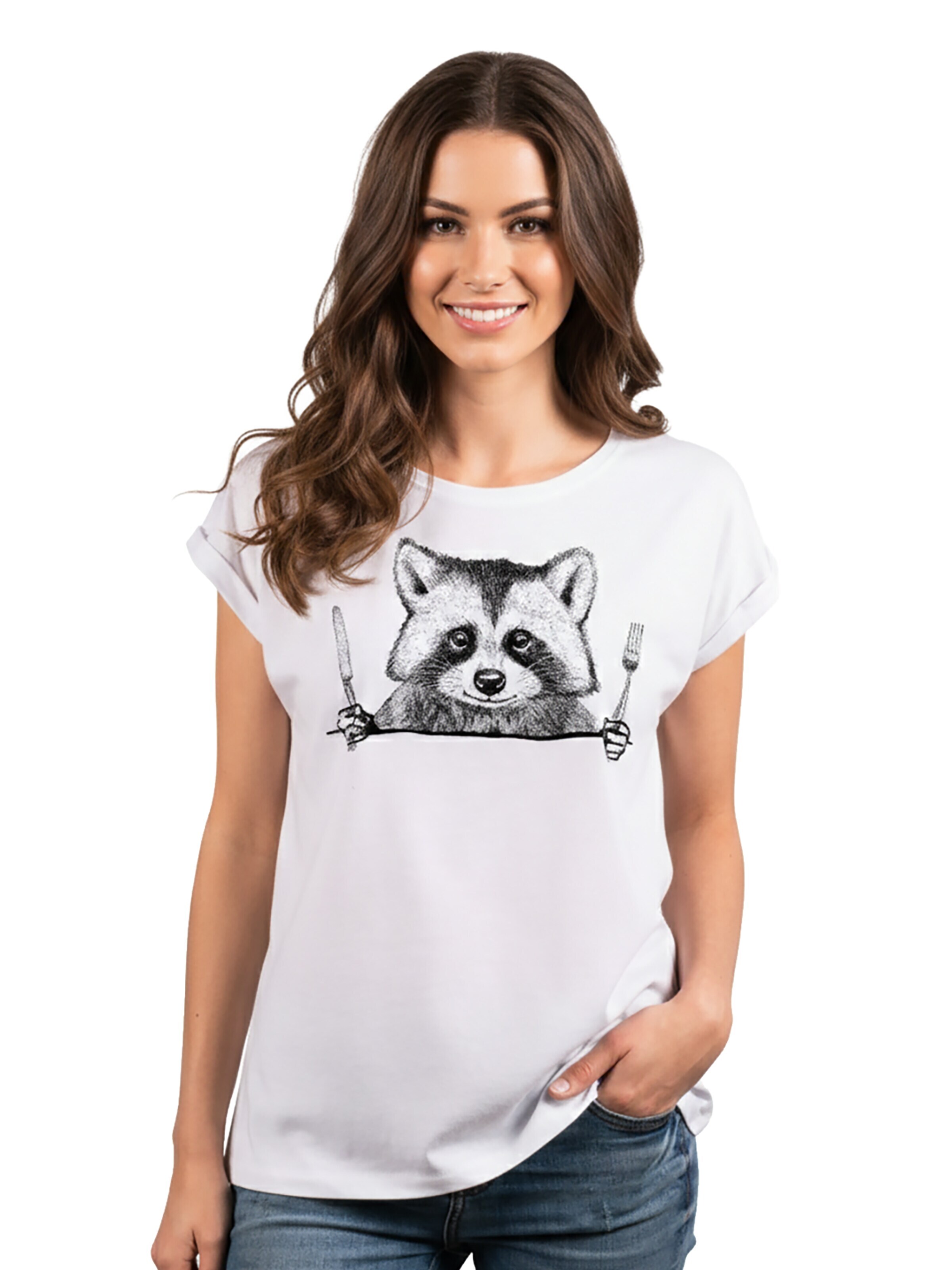 MAKAYA Shirt 'Waschbär Gabel' in White