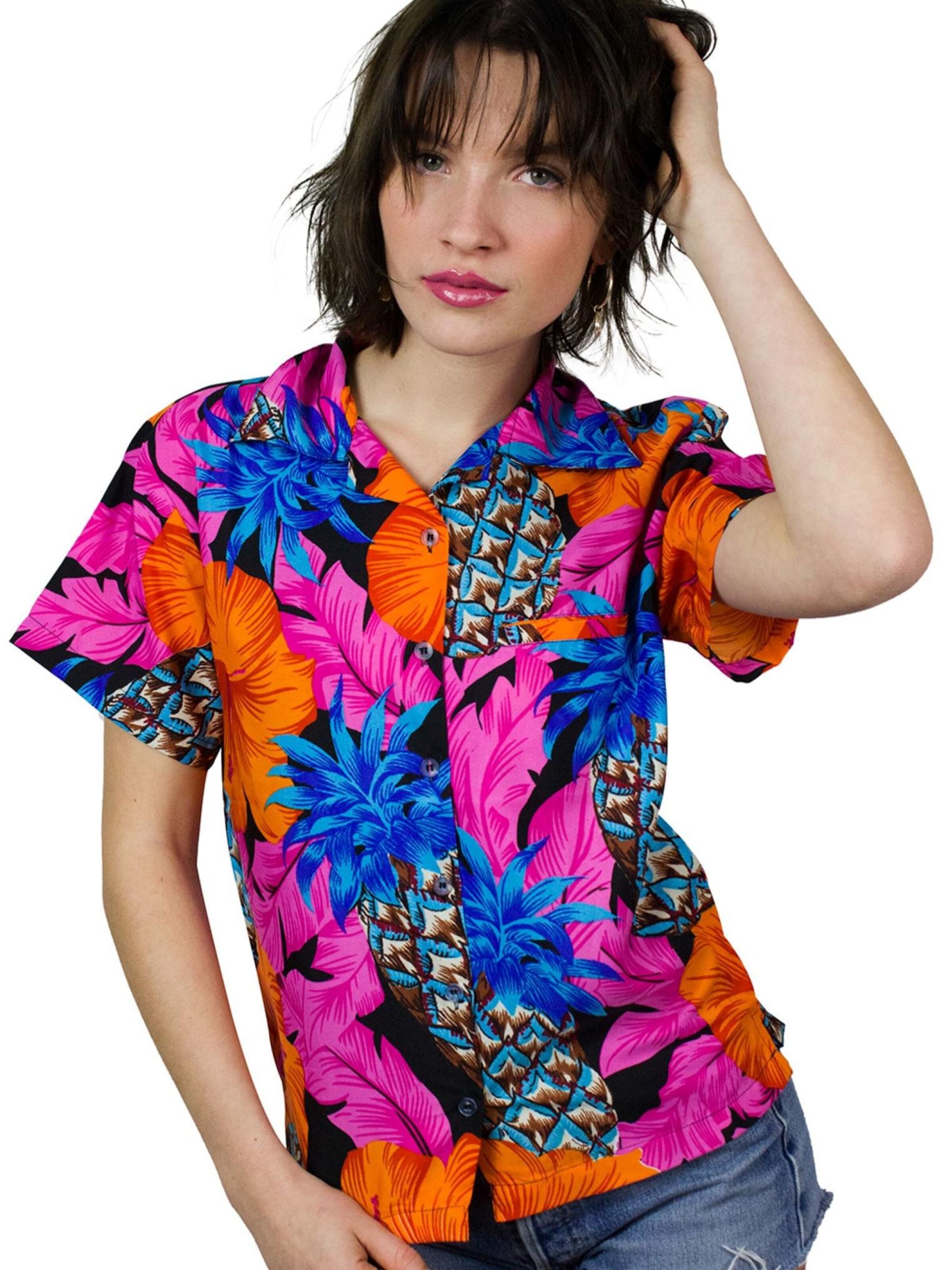 King Kameha Bluse 'Pineapple Hibiscus Black Line'‌‌‌‌ in Pink: Vorderseite