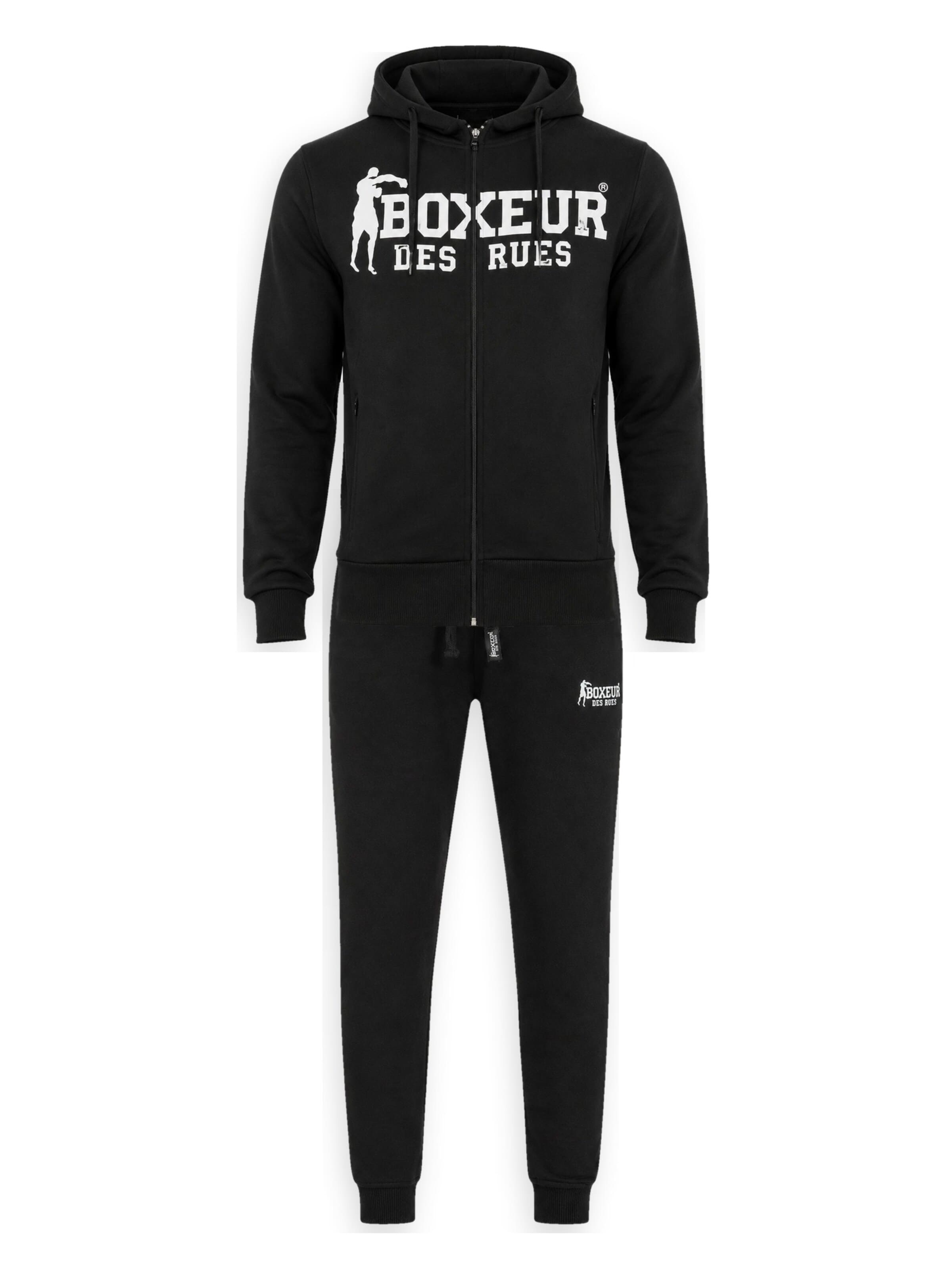 Boxeur des Rues Loungewear 'Herren Set Boxeur des Rues: Fitted Hoodie mit Reißverschluss Schwarz + Jogginghose Schwarz, Kleines weißes Logo' in Black: front