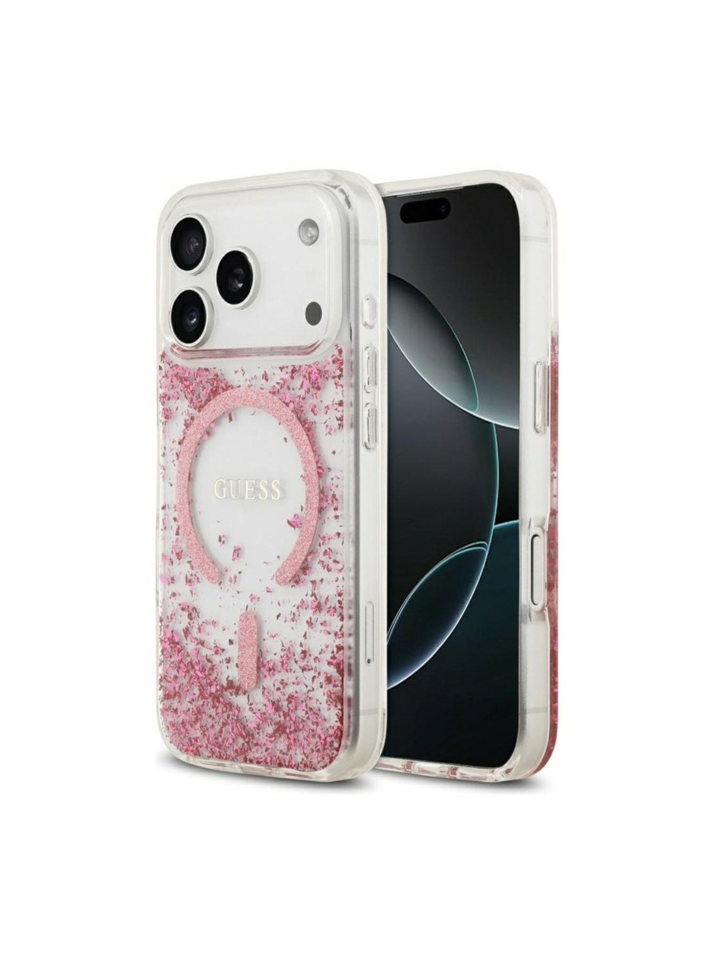 GUESS Smartphonehoesje 'GUESS MagSafe Resin Bottom Glitter for iPhone 17 Pro' in Roze