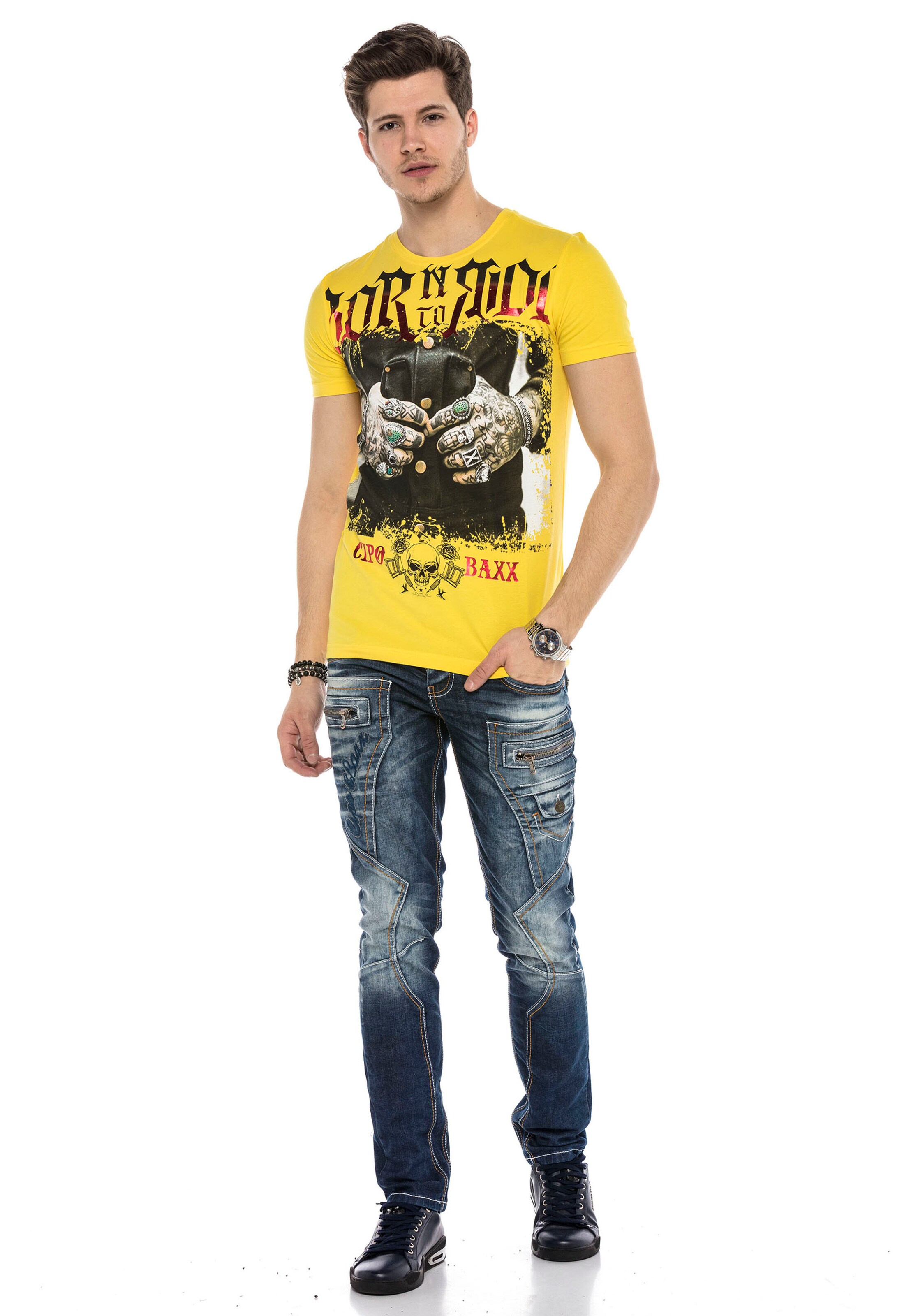 Männer Shirts CIPO & BAXX T-Shirt TOUGH RIDER mit grafischem Print in Gelb - SQ12083