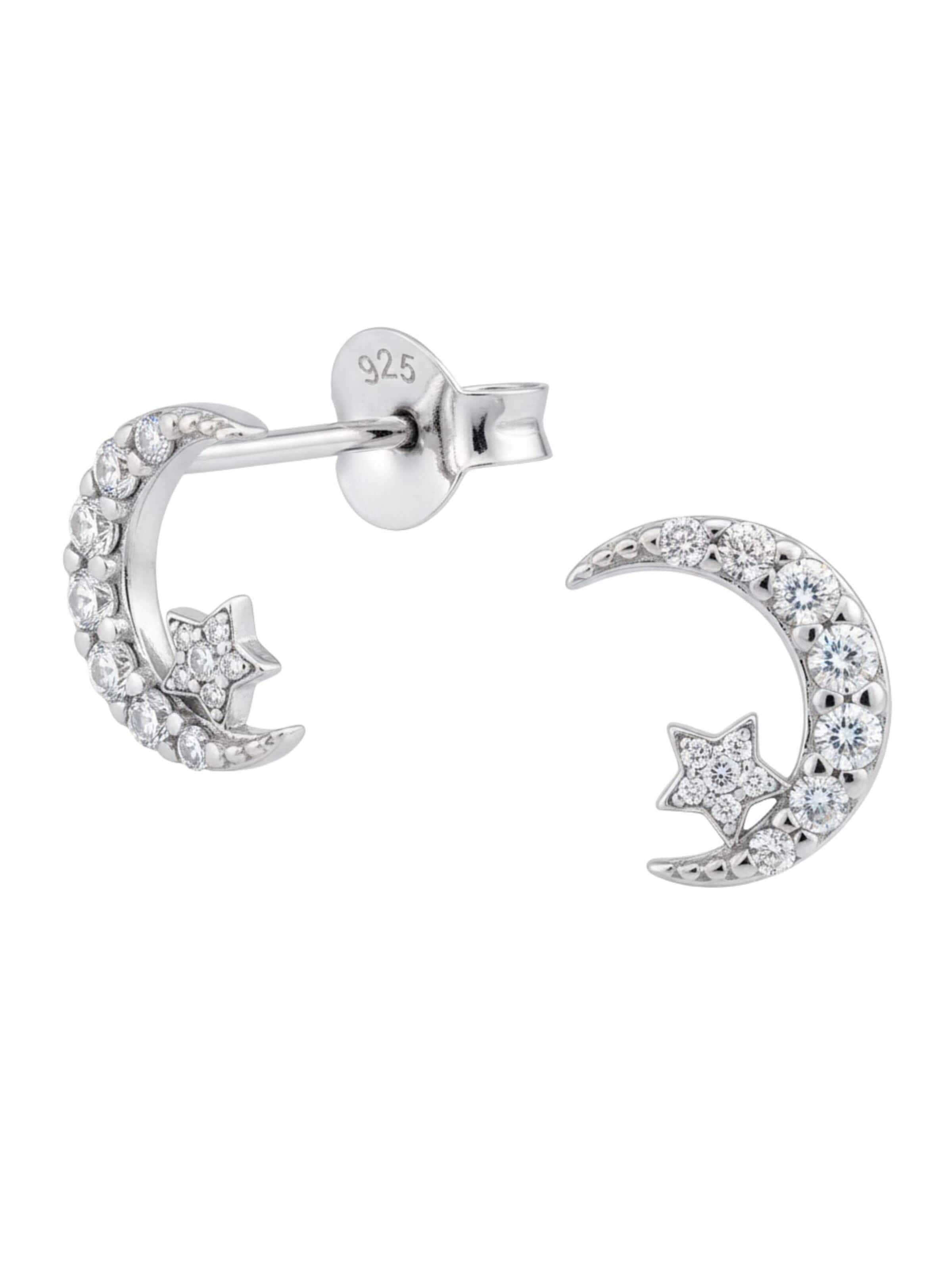 Boucles d'oreilles 'Silberne Mond- und Stern-Ohrstecker mit Zirkonia' Maxte en blanc : devant