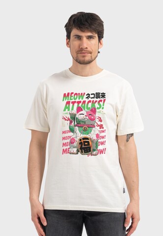 Oldskull Shirt 'Asian Lucky Cat Attack Graphic' in Wit: voorkant
