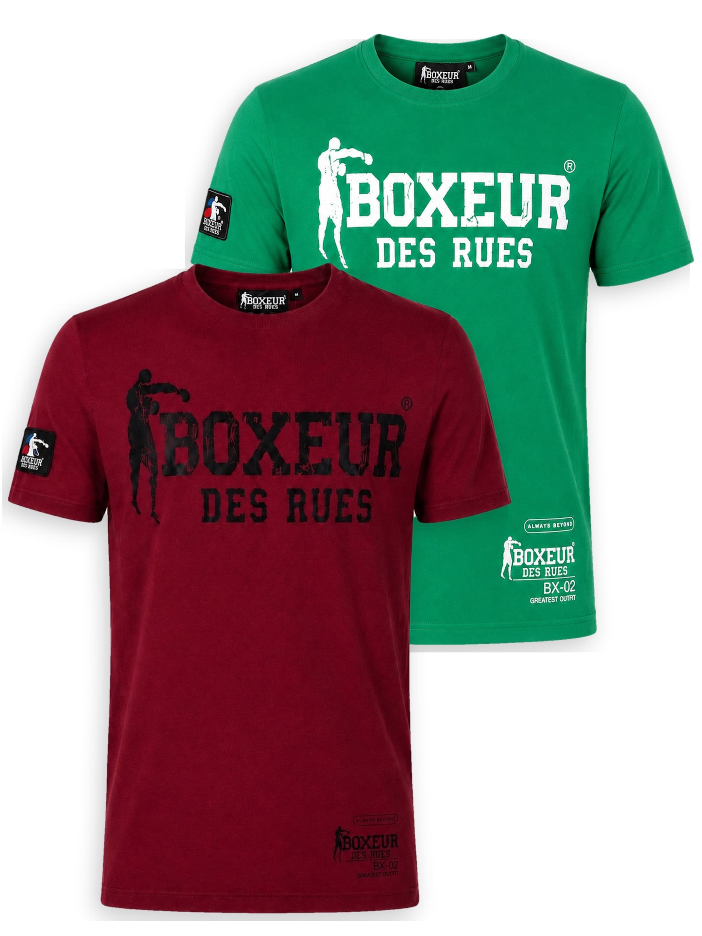 Boxeur des Rues - Camiseta 'Herren T-Shirt 2er-Pack Boxeur des Rues Slim Fit: Bordeaux, Schwarzes Logo + Grasgrün, Weißes Logo' en Mezcla de colores: frente
