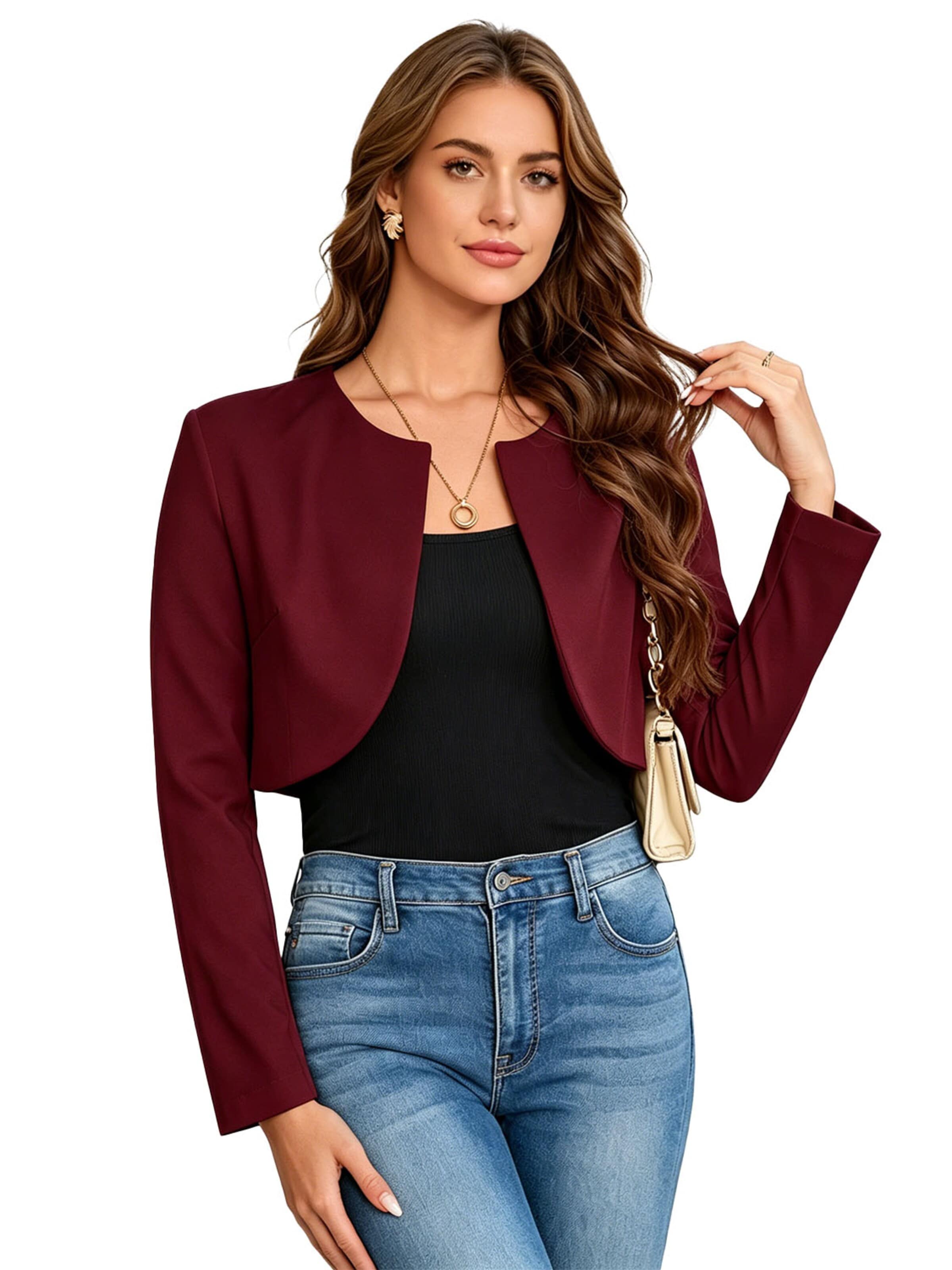 KoJooin Marynarka 'Kurzer, leichter Damen-Cardigan mit Rundhalsausschnitt und langen Ärmeln – eleganter Überwurf' w kolorze czerwony