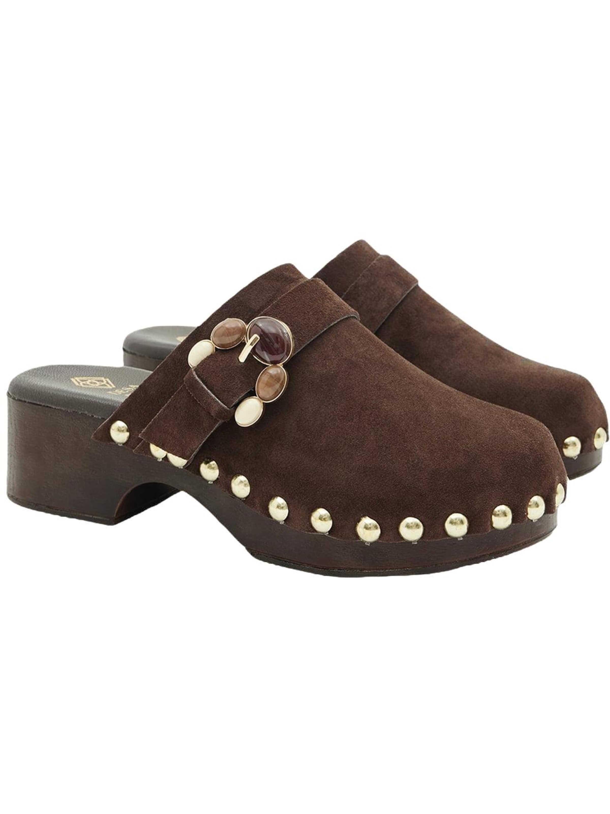 Desa Hausschuh 'DESA Damen-Clog-Sandalen aus Wildleder mit Nieten'‌‌‌‌‌ in Braun: Vorderseite