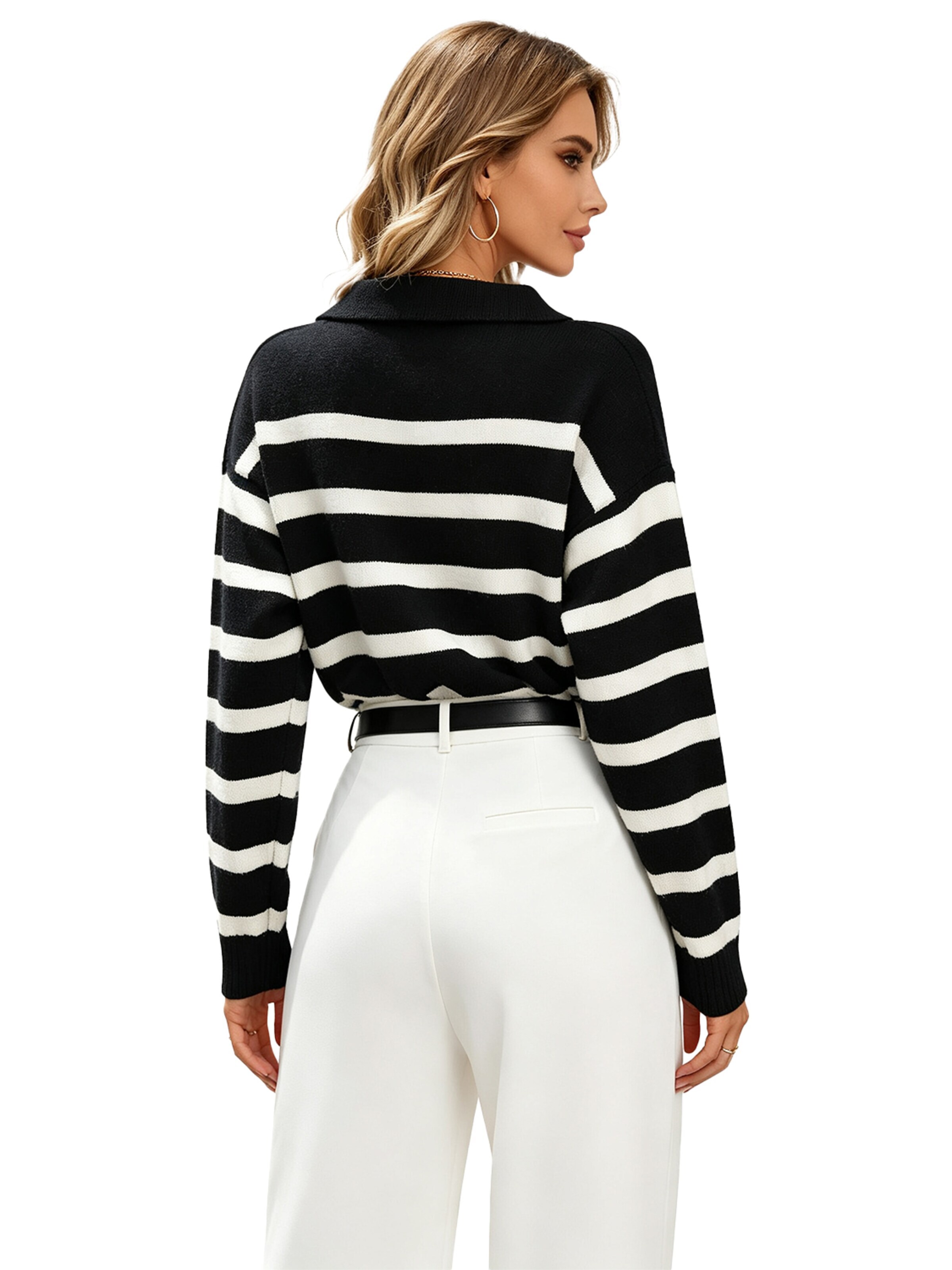 KoJooin Sweater 'Damen Modischer Gestreifter Cardigan mit Kragen – Locker Geschnittener, Vielseitiger Strickpullover' in Black