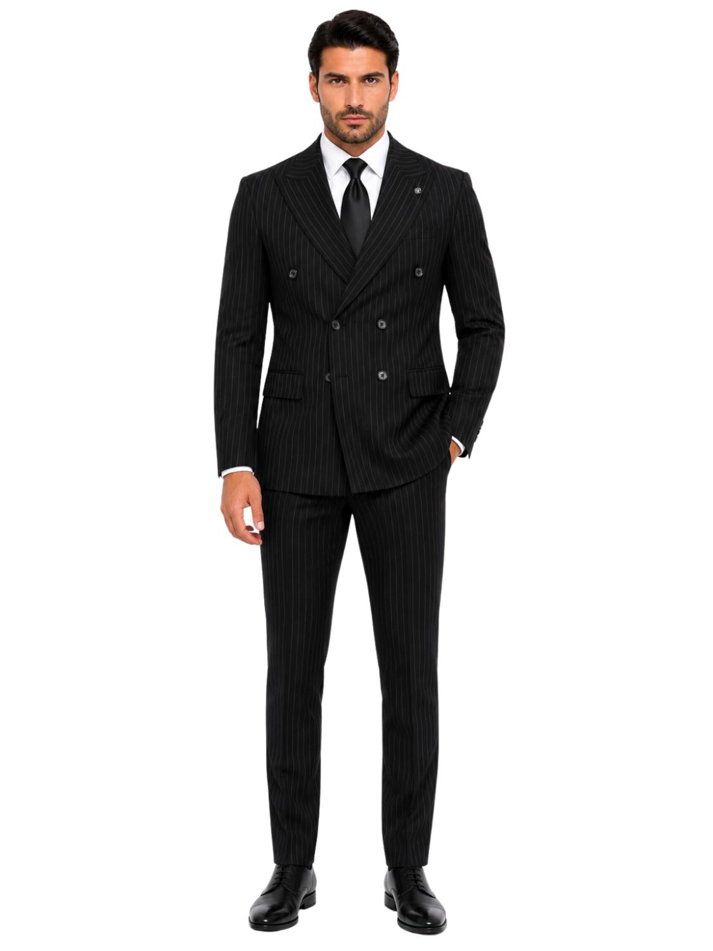 Guild Suit 'Slim Fit Zweireiher mit Nadelstreifen Anzug' in 46 in Black, Item view