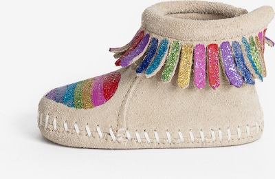 Sniego batai 'Love one another' iš Minnetonka, spalva – smėlio spalva / mėlyna / geltona / violetinė-mėlyna / rožinė, Prekių apžvalga