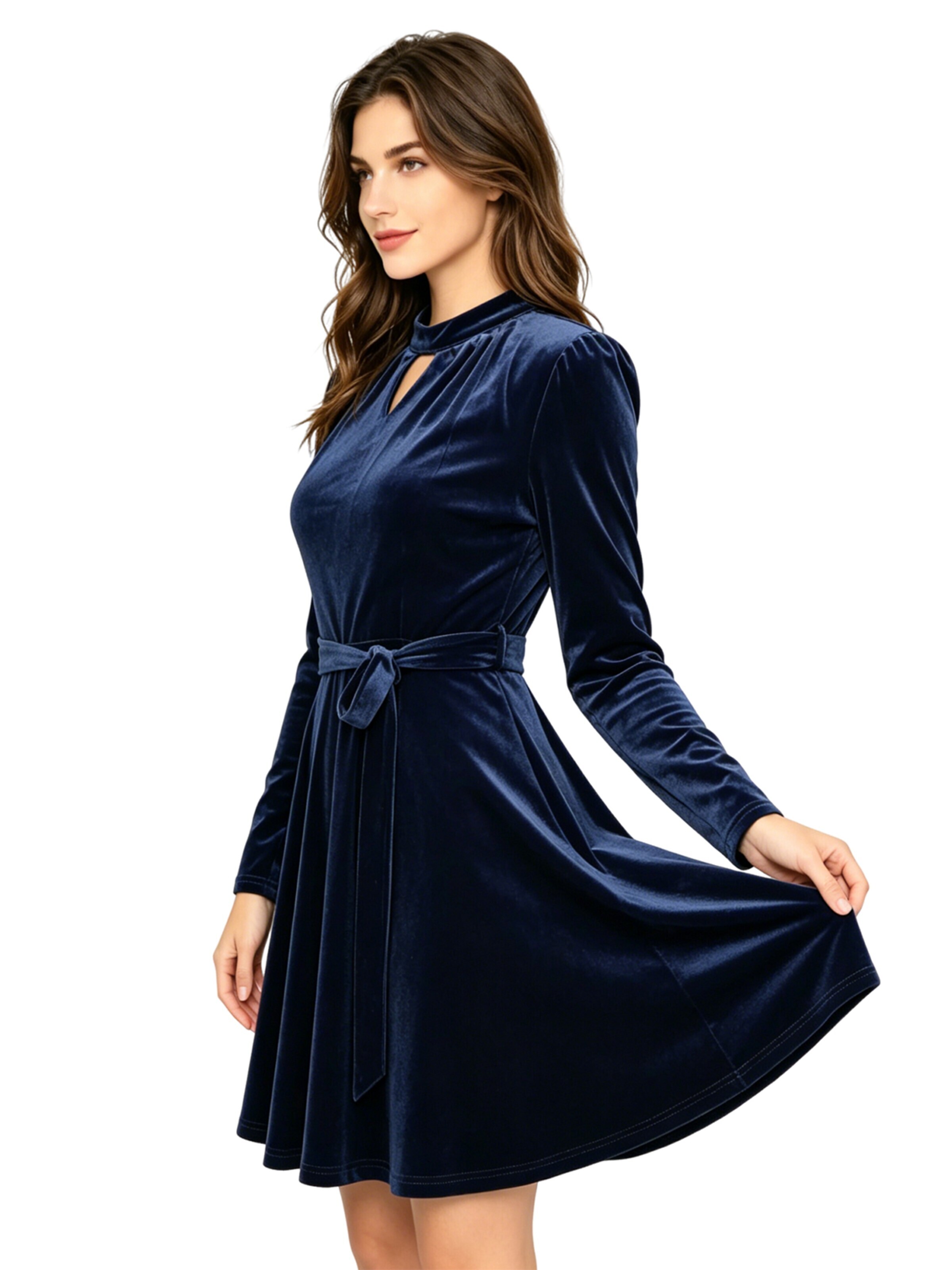 KoJooin Kleid 'Knielanges Samtkleid Langen Ärmeln Gürtel Damen Abschlusskleid für Party'‌‌‌‌‌ in Blau