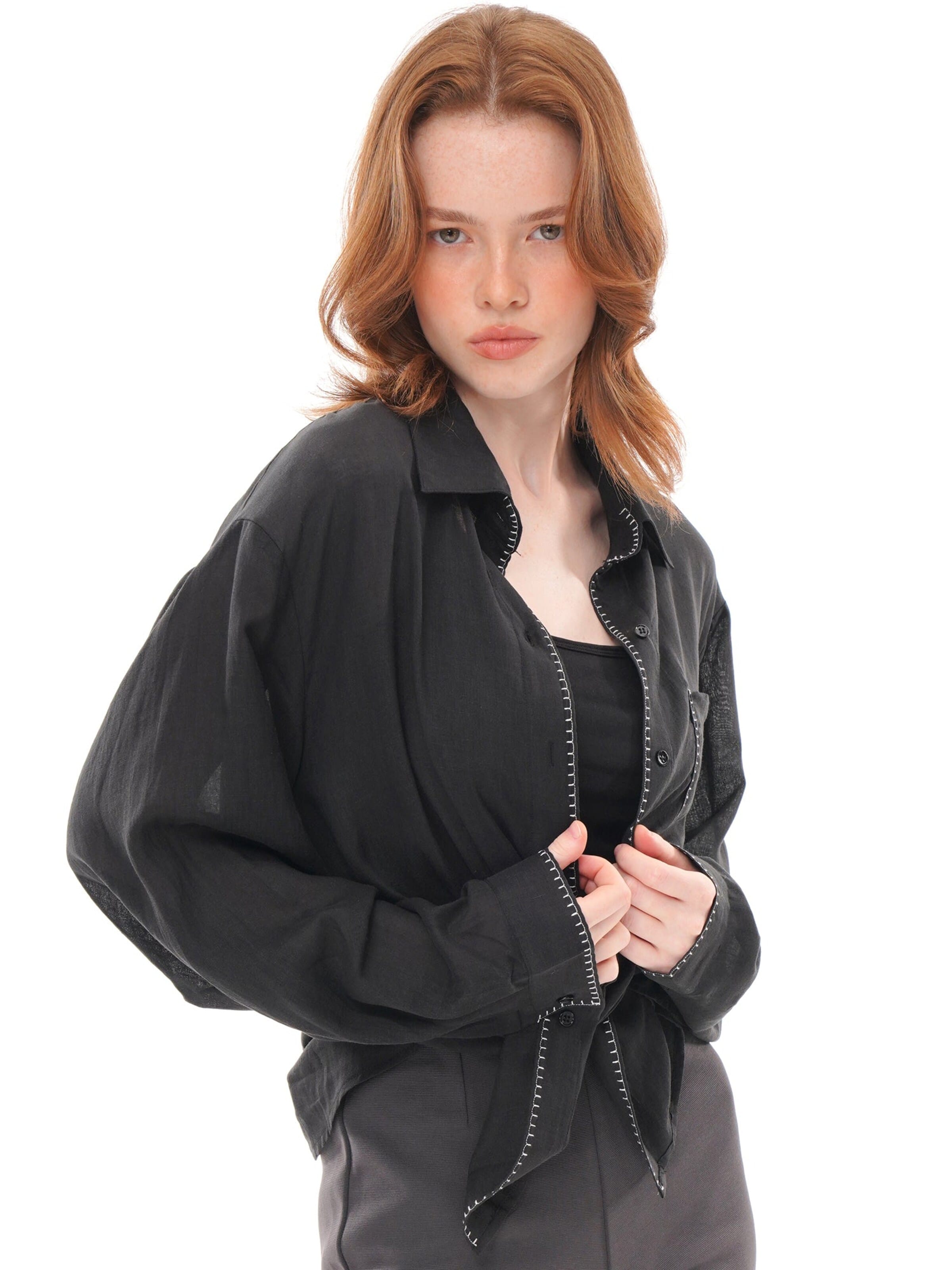 yoligex Übergangsjacke 'Breathable Ramie Lyocell Loose Shirt'‌‌‌ in Schwarz: Vorderseite