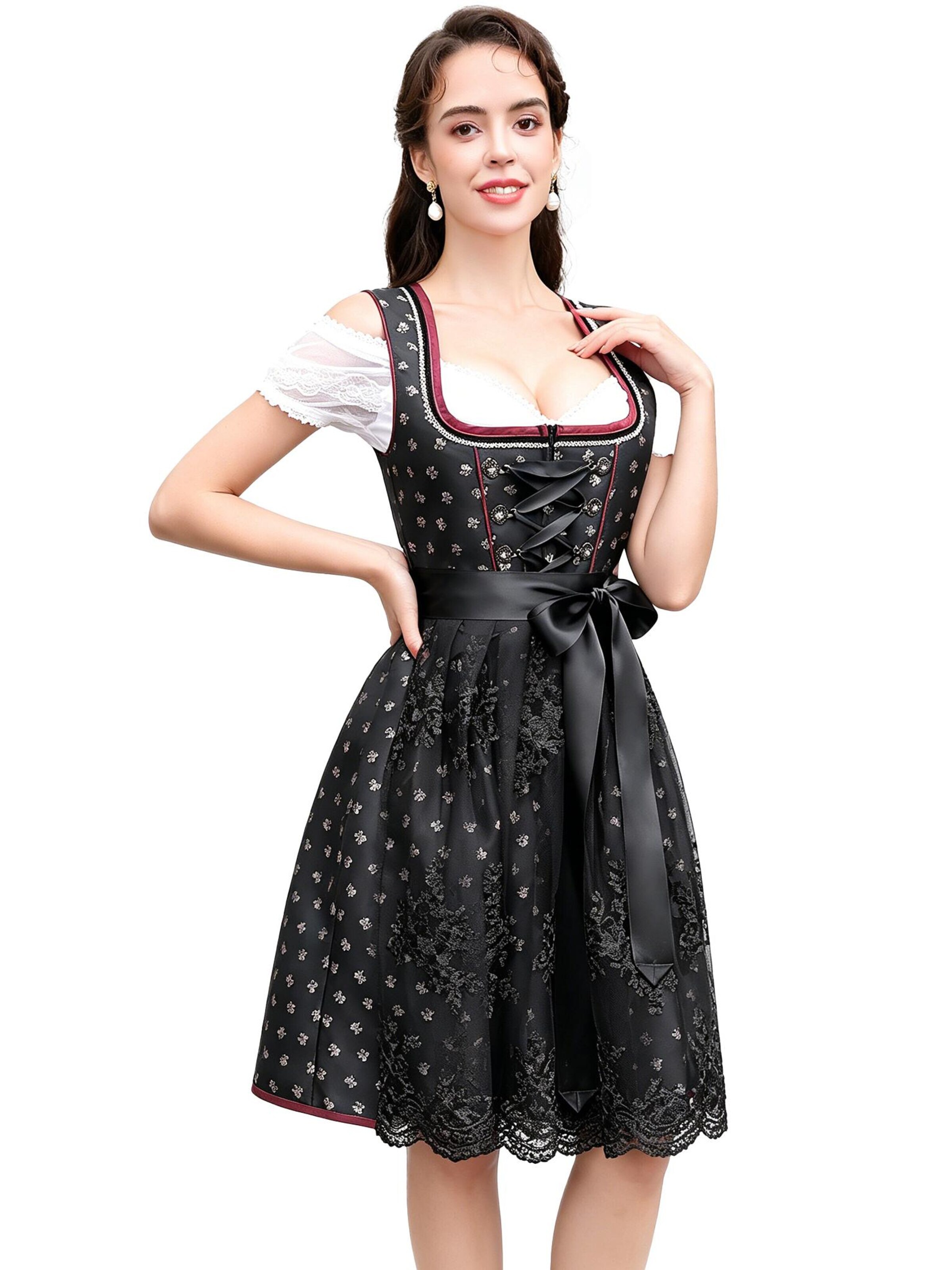 KoJooin Dirndl 'Damen Dirndl 3-teiliges Set,Blumenmuster Jacquard Spitzen Schürze Kleid, Bayerisches Oktoberfest' w kolorze czarny