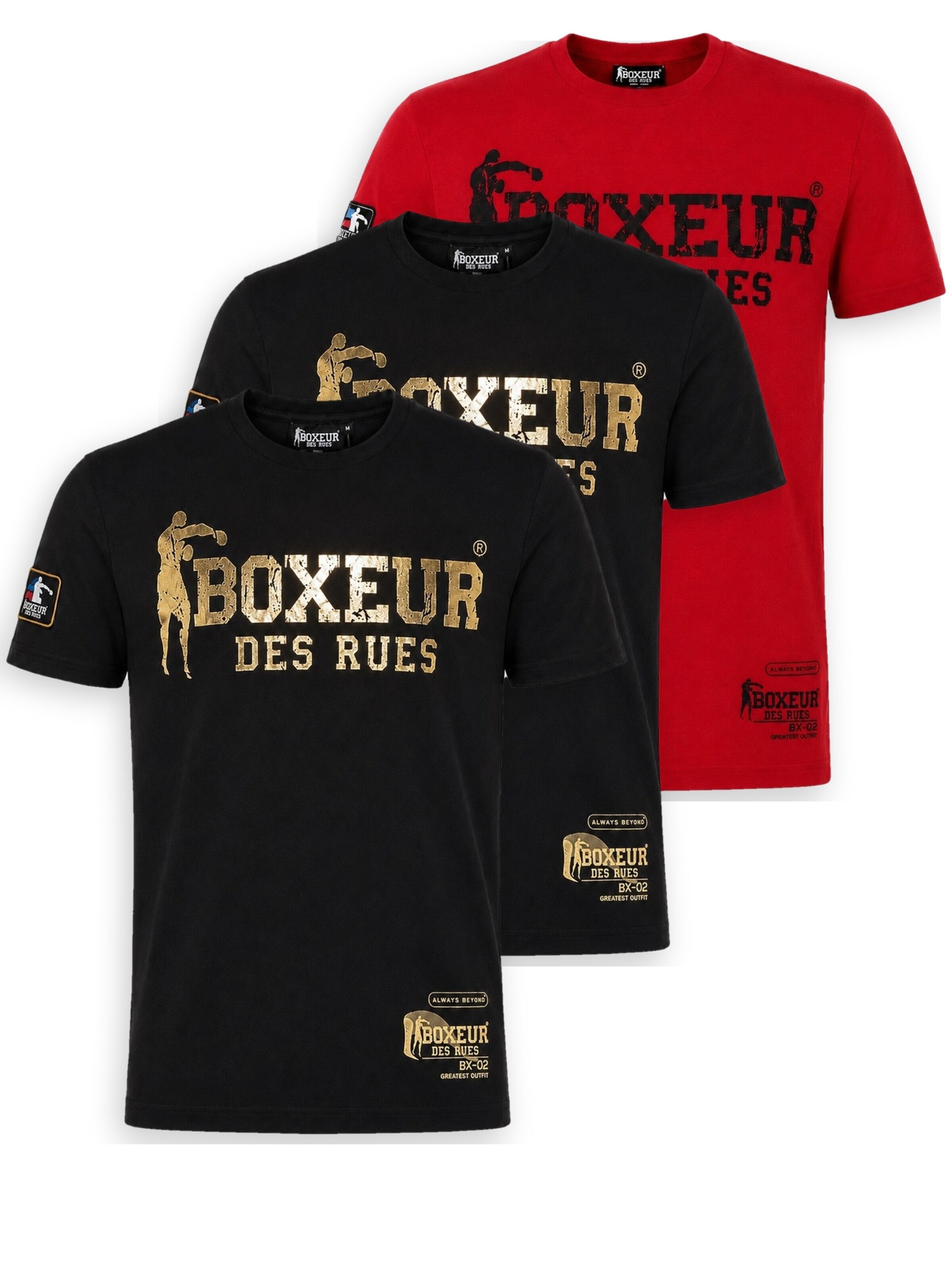 Boxeur des Rues Shirt 'Herren T-Shirt 3er-Pack Boxeur des Rues Slim Fit: 2 x Schwarz, Goldenes Logo + Rot, Schwarzes Logo' in Mixed colors: front