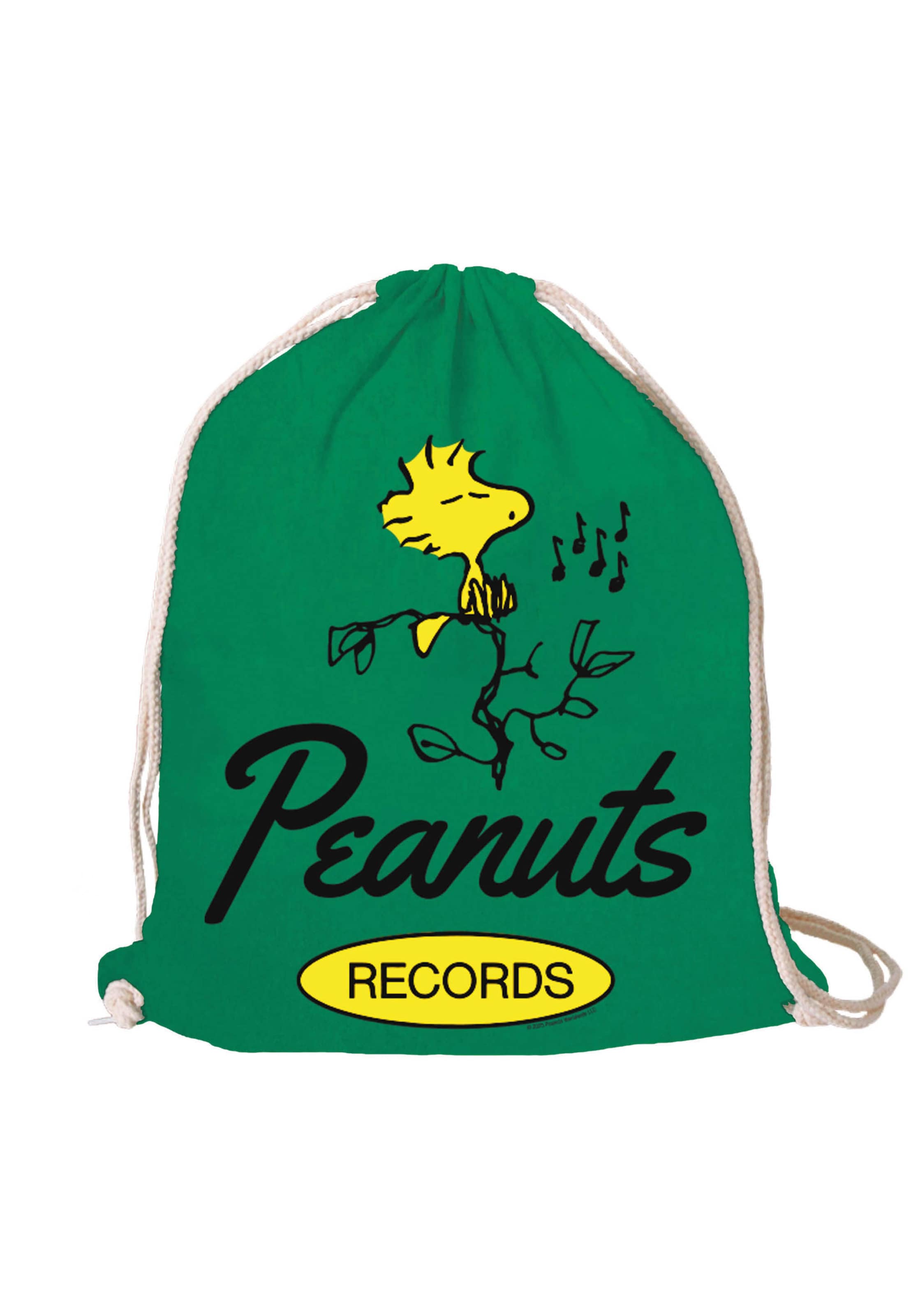 LOGOSHIRT Sportbeutel 'Peanuts - Woodstock Records' in Grün: Vorderseite