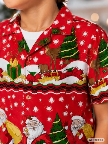 King Kameha Regular fit Button up shirt 'Christmas Border Print' in Red