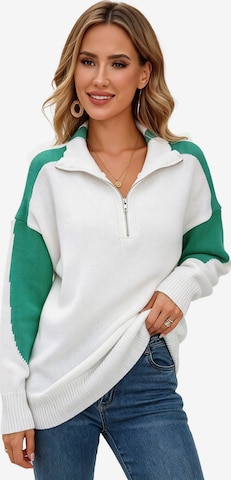 KoJooin Sweter 'Damen Oversize Strickpullover mit Stehkragen und Reißverschluss Lockerer Pullover mit Pull-Over' w kolorze biały: przód